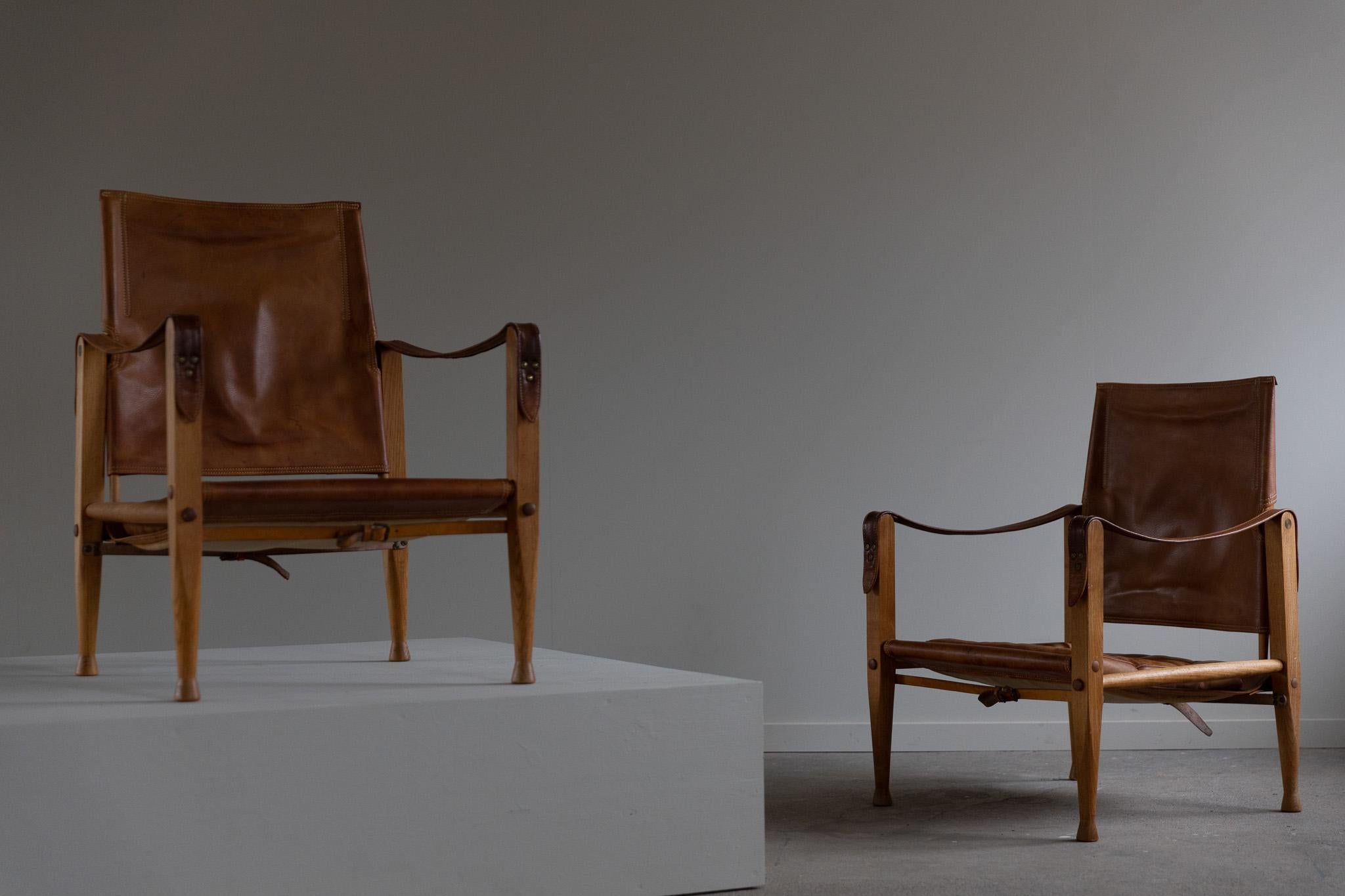 Danish Kaare Klint, a Pair of Safari Chairs in Ash & Leather, Rud. Rasmussen, 1950s