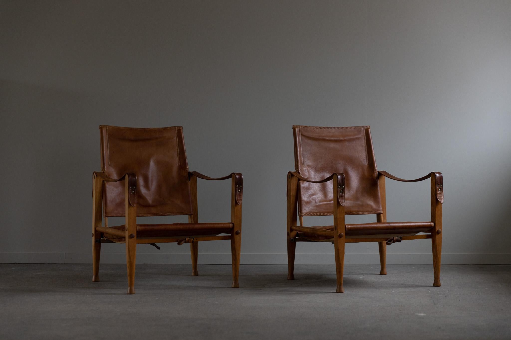 Hand-Crafted Kaare Klint, a Pair of Safari Chairs in Ash & Leather, Rud. Rasmussen, 1950s