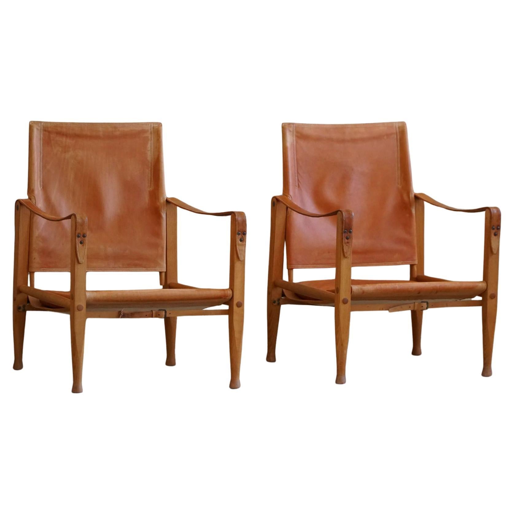 Kaare Klint, a Pair of Safari Chairs in Ash & Leather, Rud. Rasmussen, 1960s For Sale