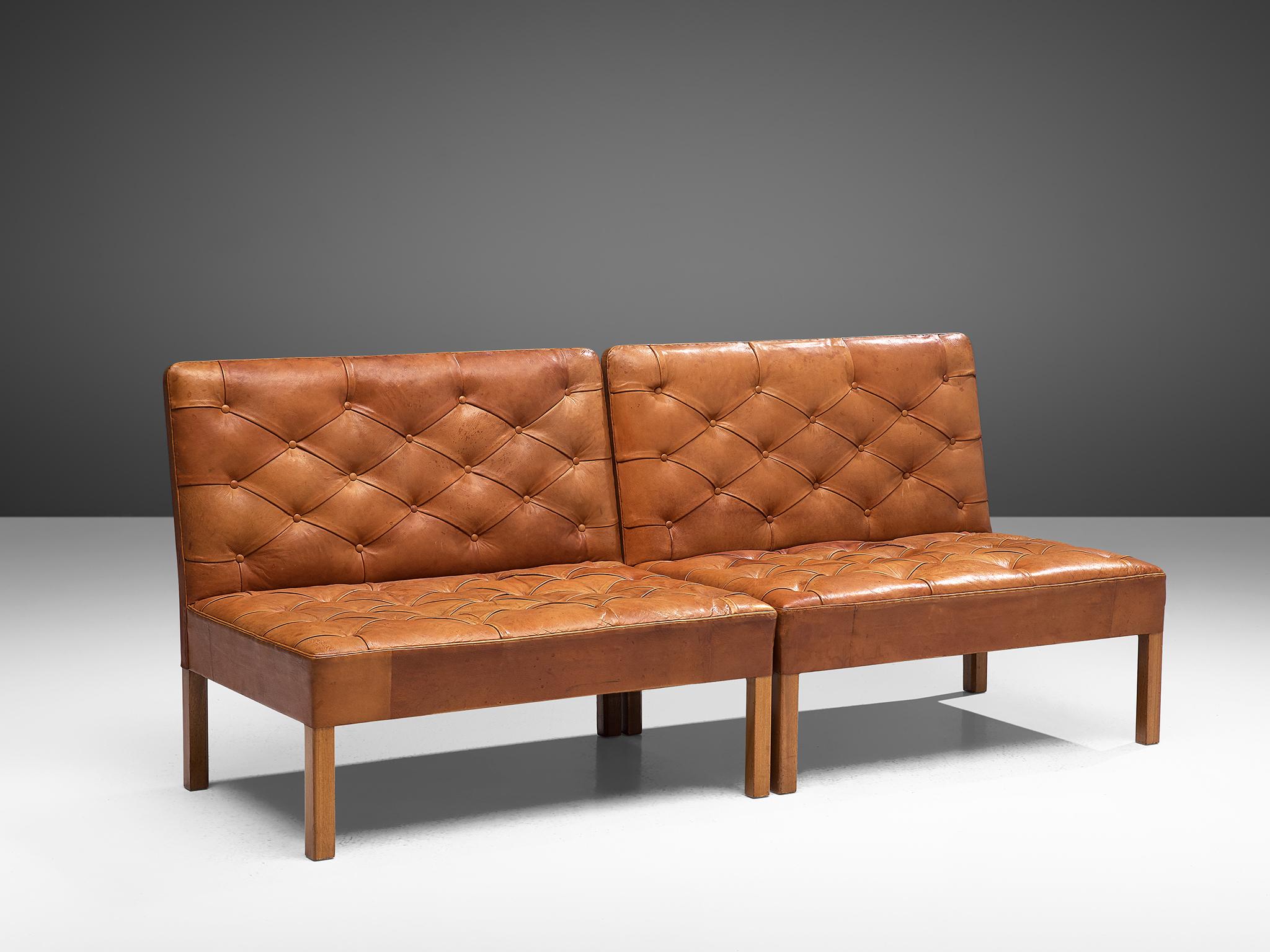 Danish Kaare Klint 'Addition' Sofa's in Original Patinated Cognac Leather