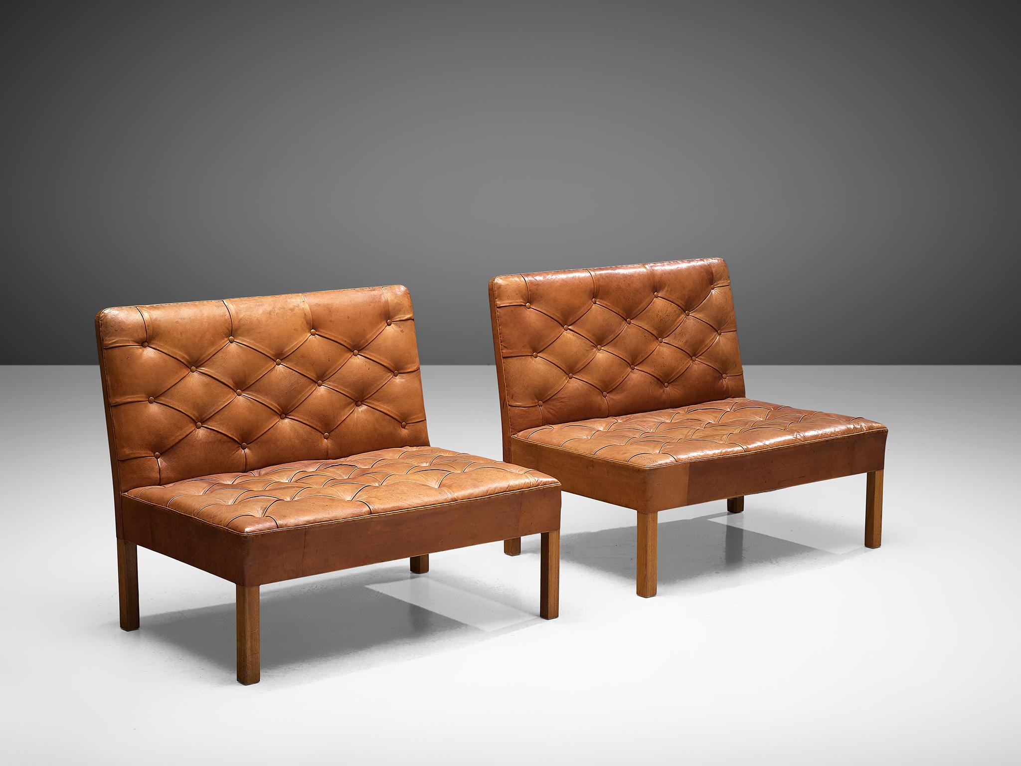 Kaare Klint 'Addition' Sofa's in Original Patinated Cognac Leather In Good Condition In Waalwijk, NL