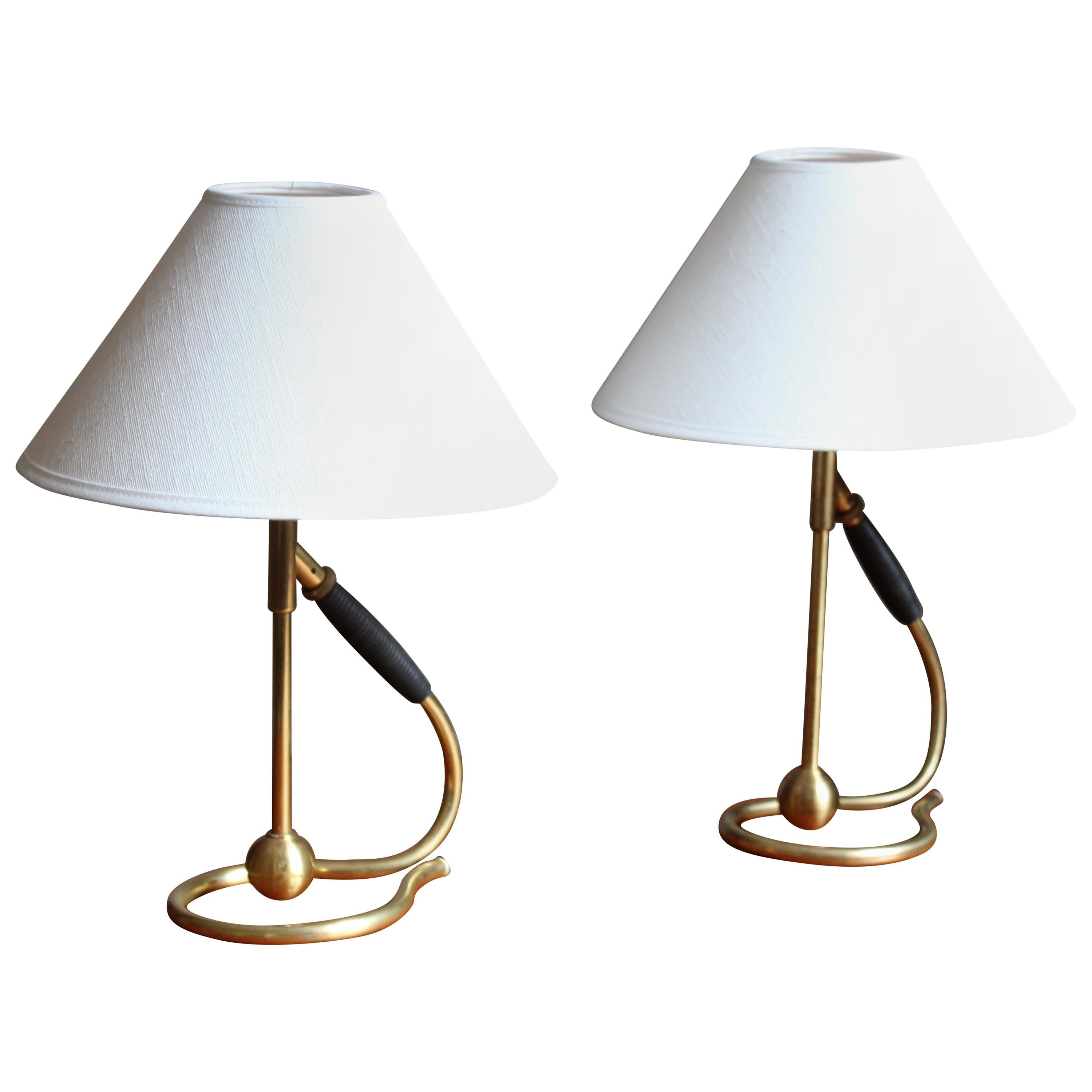 Kaare Klint, Adjustable Modernist Table Lamps, Brass, Rubber, Denmark, 1950s