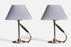 Vintage Kaare Klint, Adjustable Modernist Table Lamps, Brass, Rubber, Denmark, 1950s