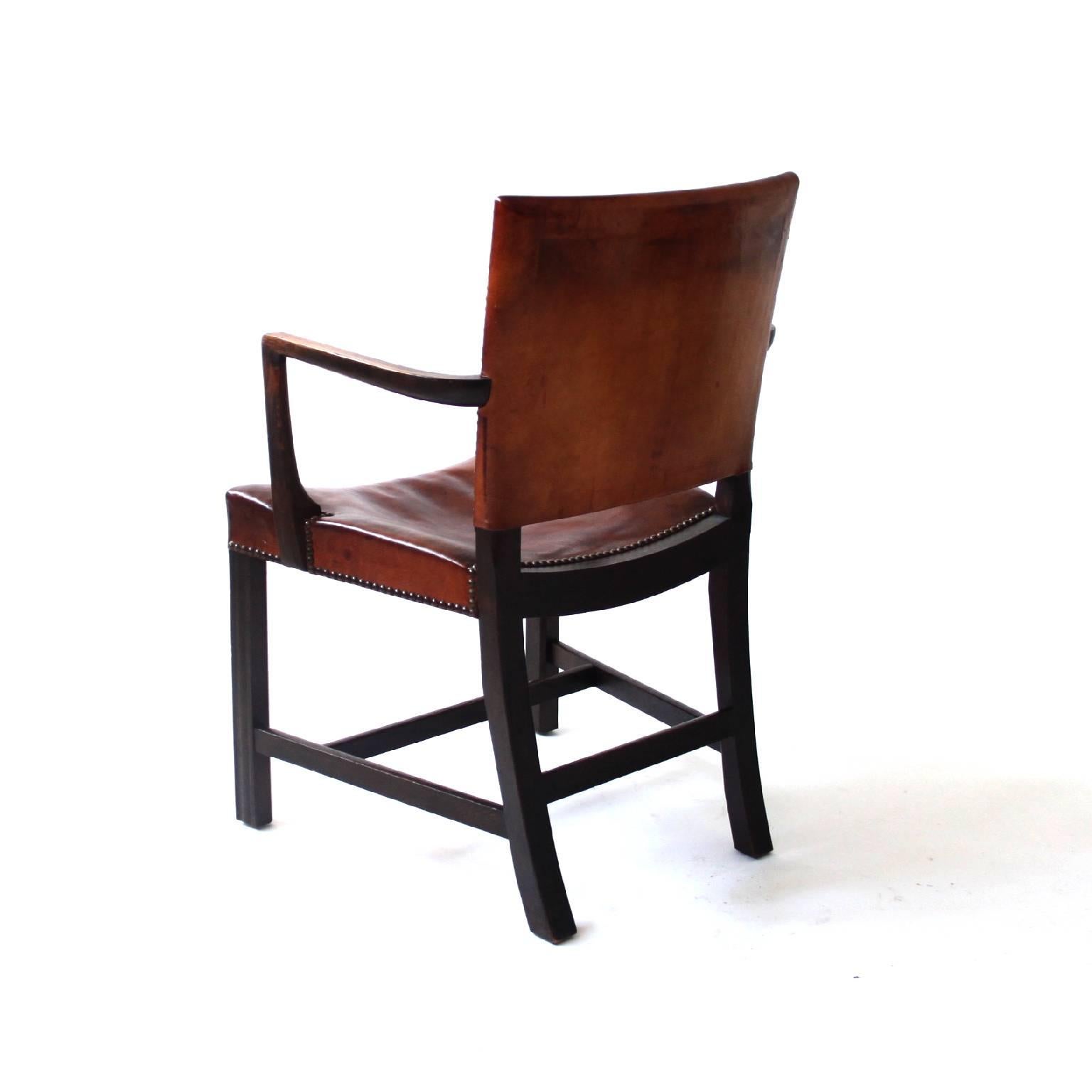Danish Kaare Klint Armchair Dark Stained Oak and Original Patinated Niger Leather 1930s For Sale