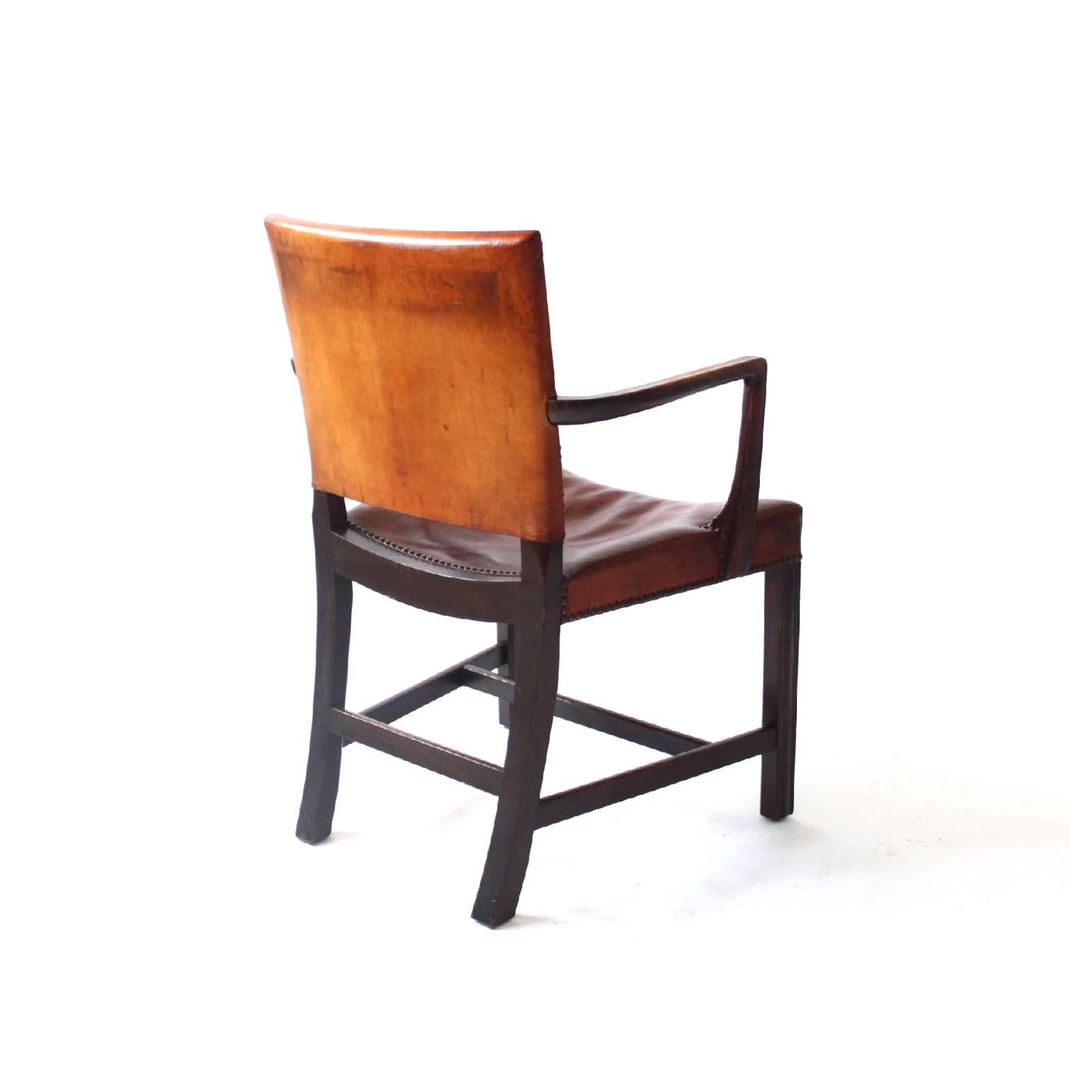 20th Century Kaare Klint Armchair Dark Stained Oak and Original Patinated Niger Leather 1930s For Sale