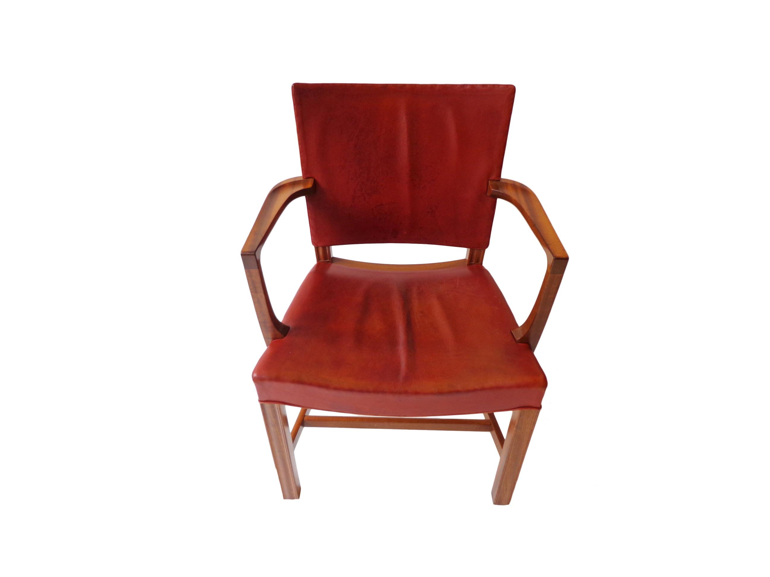 Danish Kaare Klint Armchair in indian red leather and mahogany by Rud Rasmussens, 1940s For Sale