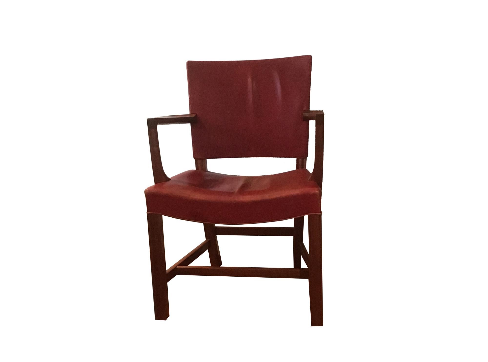 Kaare Klint Armchair in indian red leather and mahogany by Rud Rasmussens, 1940s In Good Condition For Sale In Amsterdam, NL