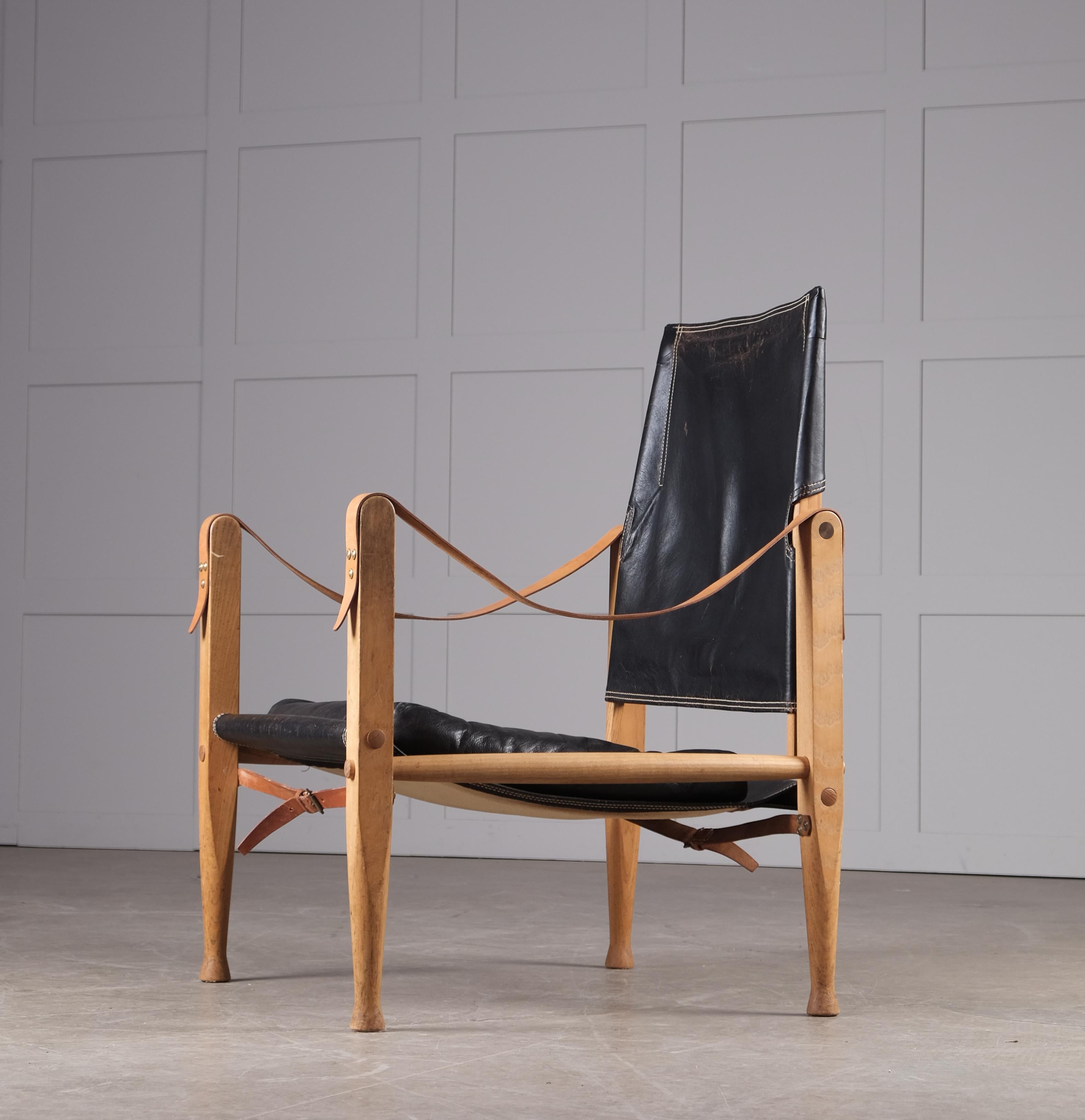 Danish Kaare Klint Black Leather Safari Chair, 1960s For Sale