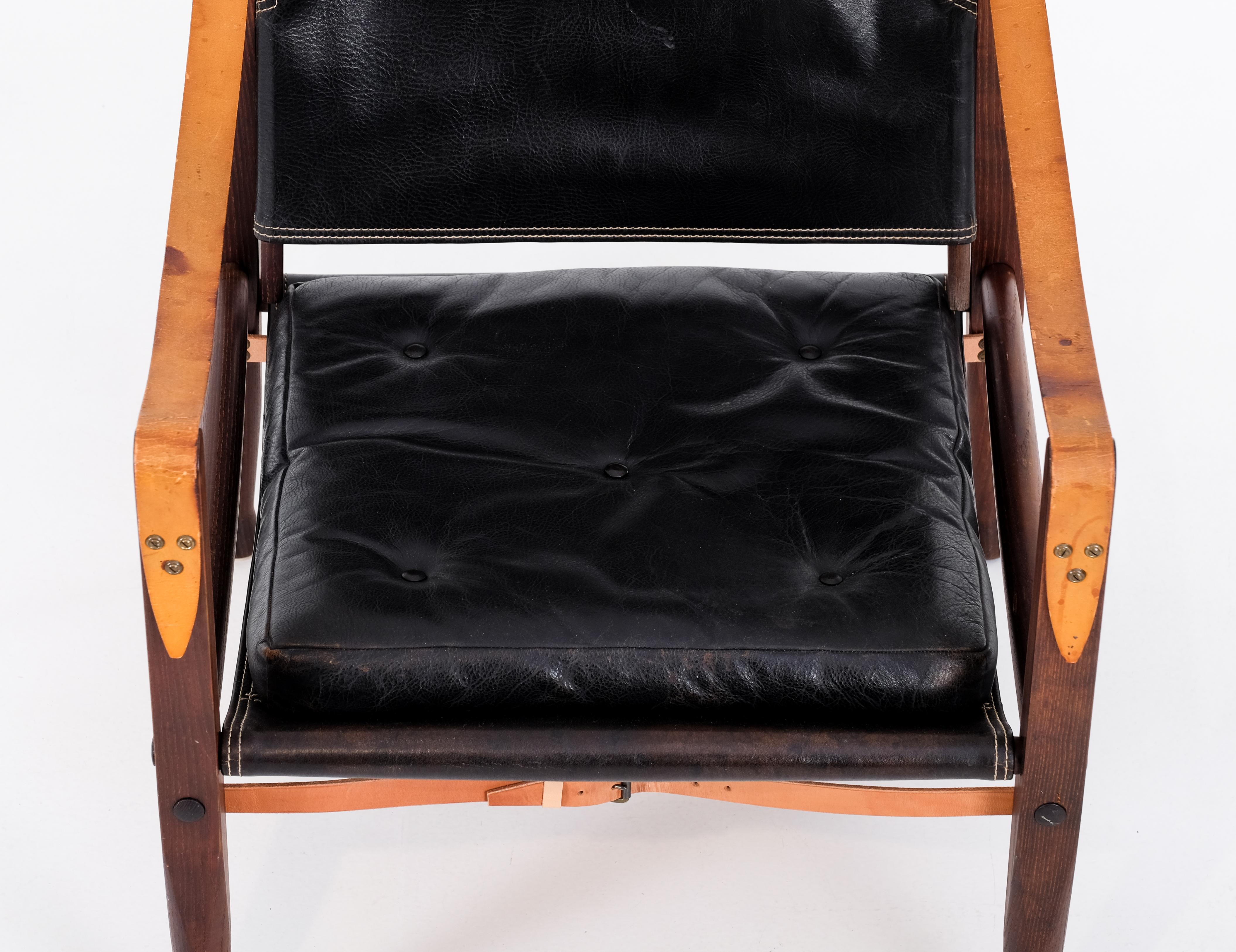 Kaare Klint Black Leather Safari Chair, 1960s For Sale 1