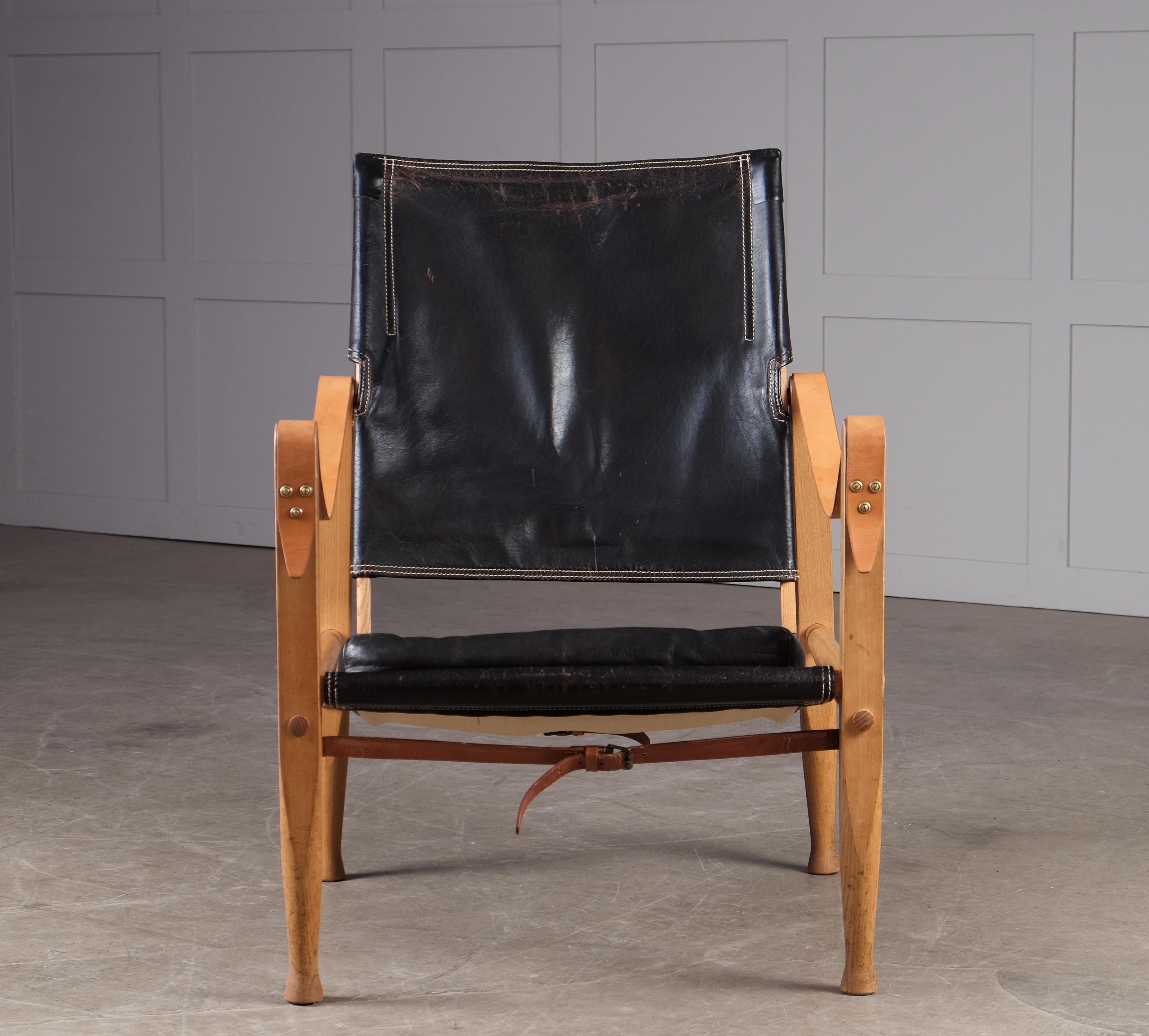Kaare Klint Black Leather Safari Chair, 1960s For Sale 3