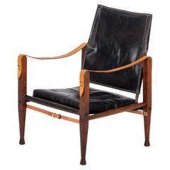 Vintage Kaare Klint Black Leather Safari Chair, 1960s