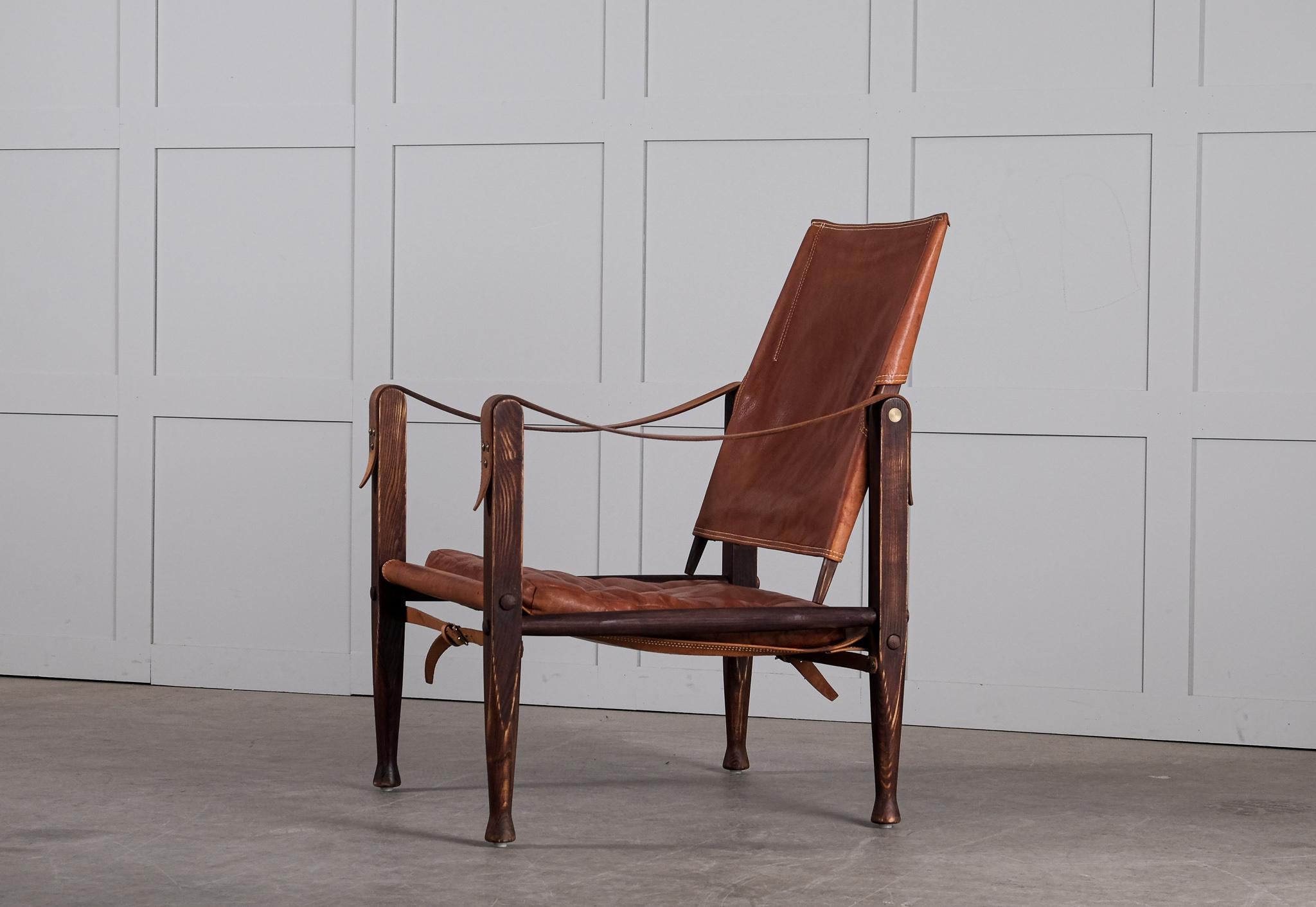 Scandinavian Modern Kaare Klint Cognac Brown Leather Safari Chair, 1960s