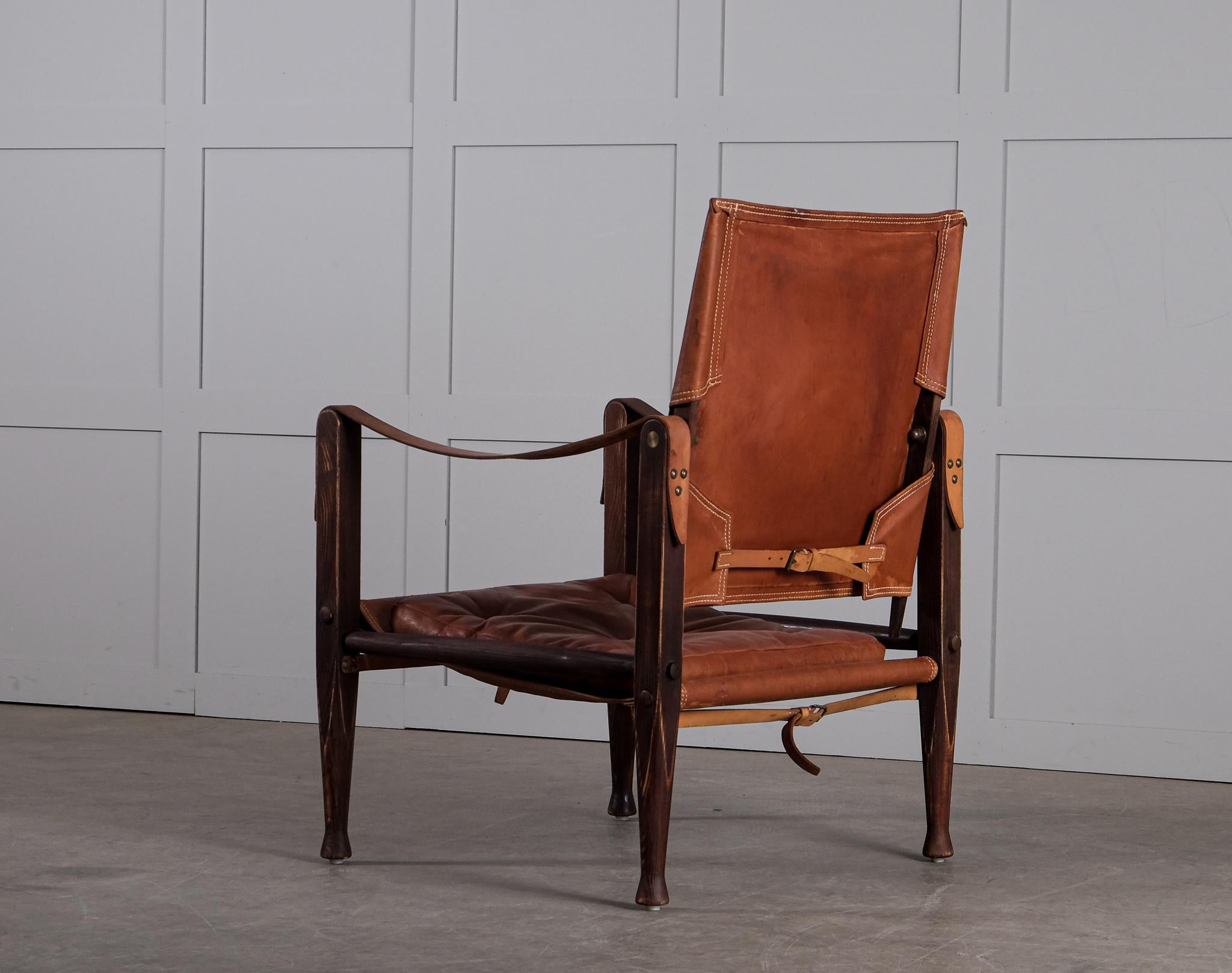 Danish Kaare Klint Cognac Brown Leather Safari Chair, 1960s