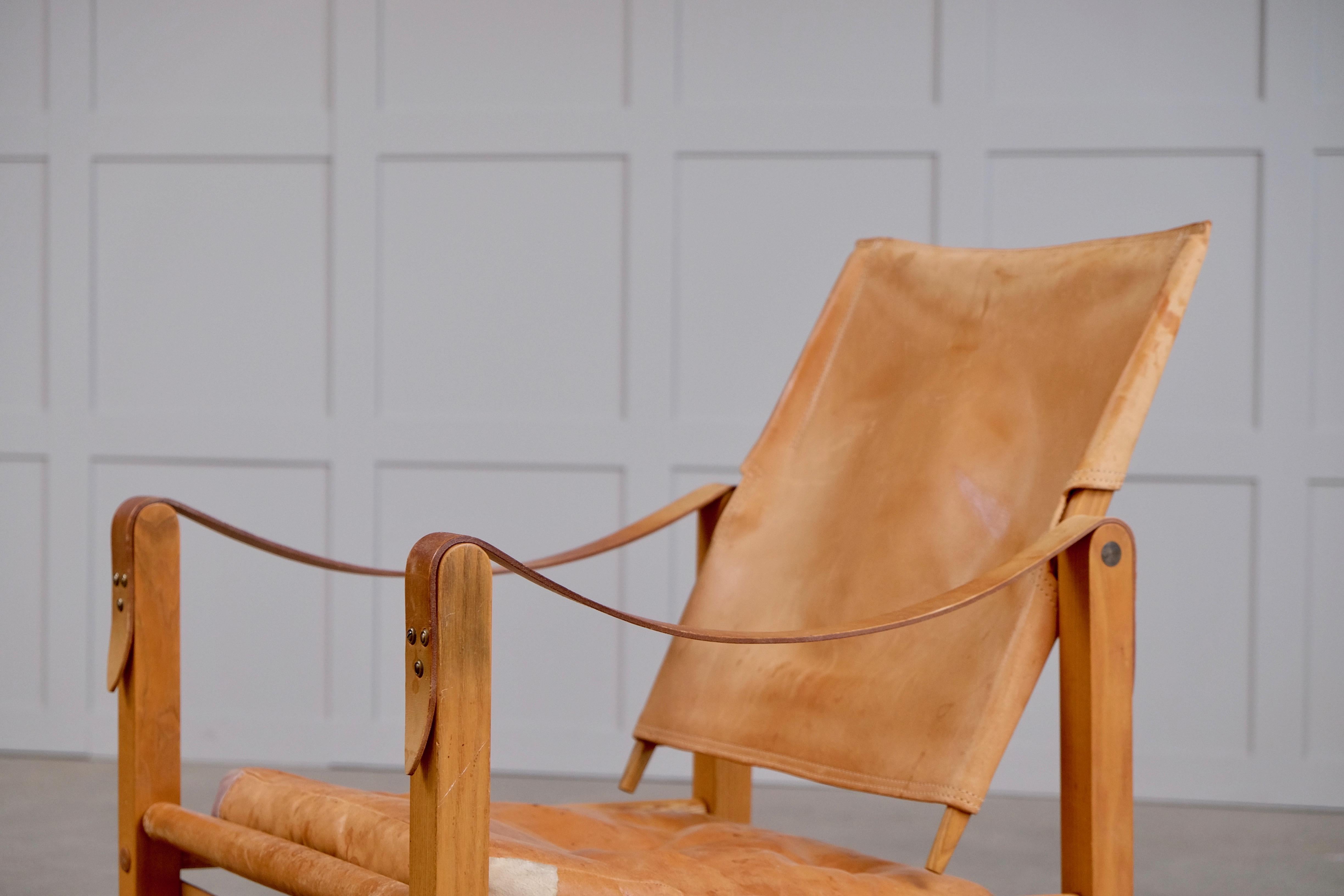 Scandinavian Modern Kaare Klint Cognac Brown Leather Safari Chair, 1960s