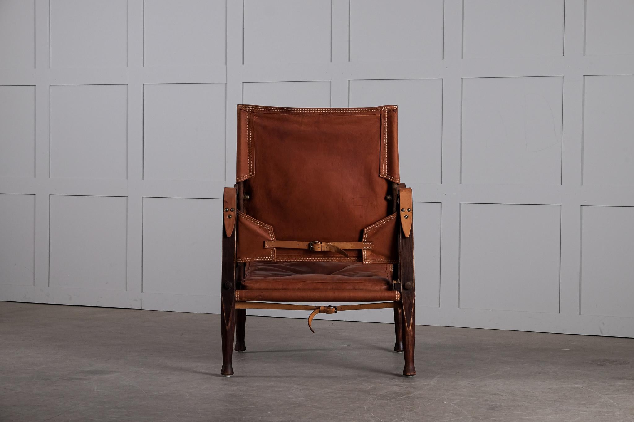 Kaare Klint Cognac Brown Leather Safari Chair, 1960s In Good Condition In Stockholm, SE