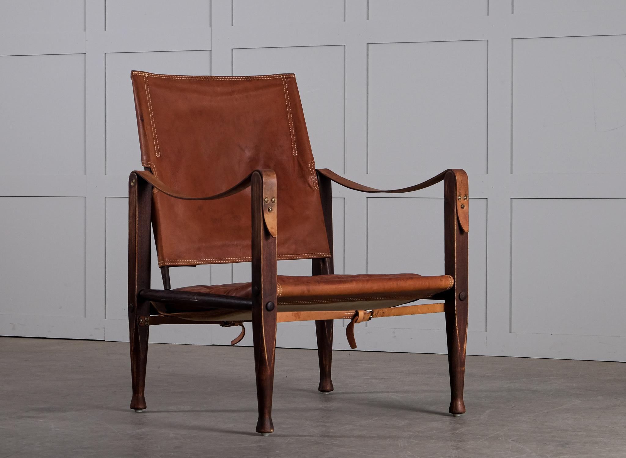 Kaare Klint Cognac Brown Leather Safari Chair, 1960s 1