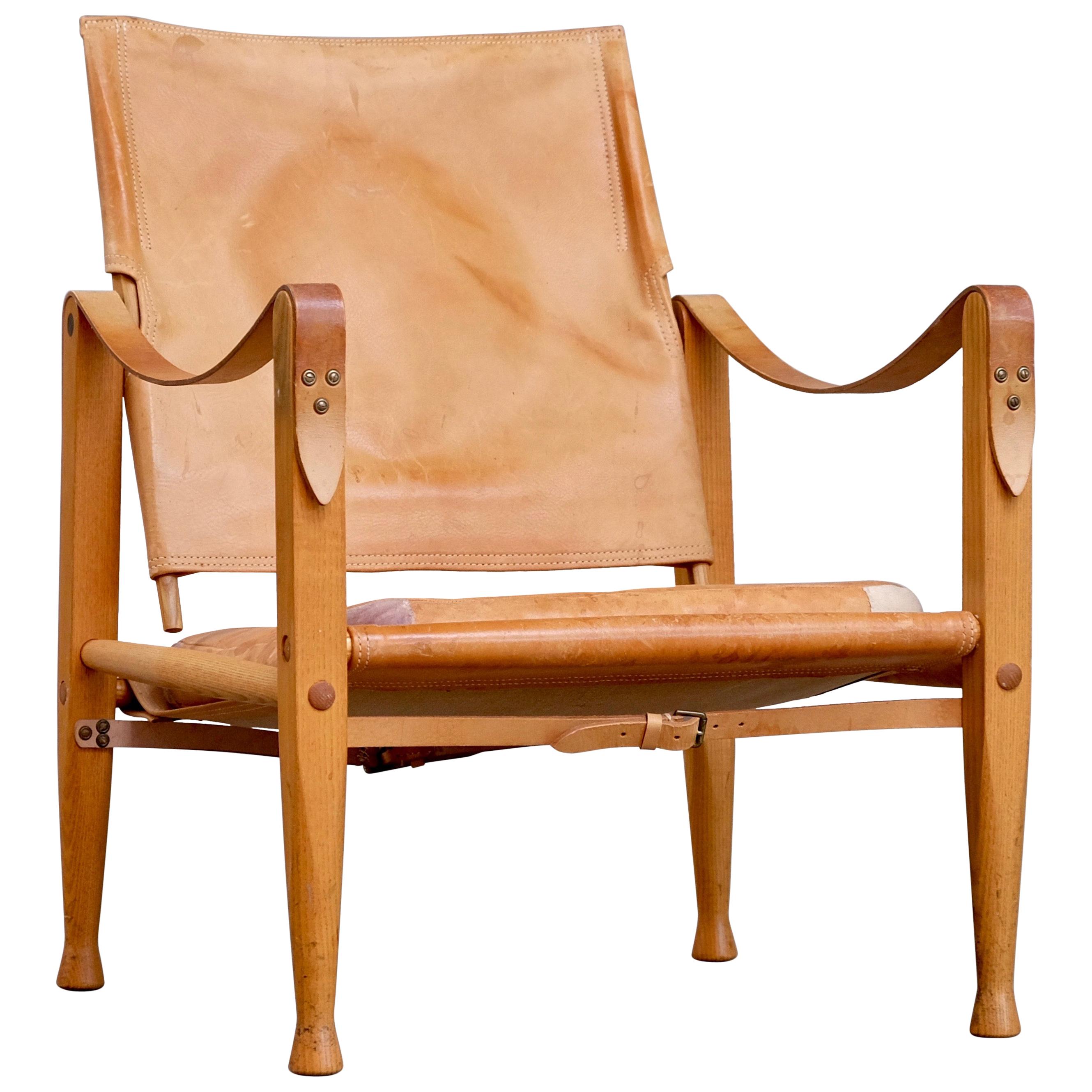 Kaare Klint Cognac Brown Leather Safari Chair, 1960s