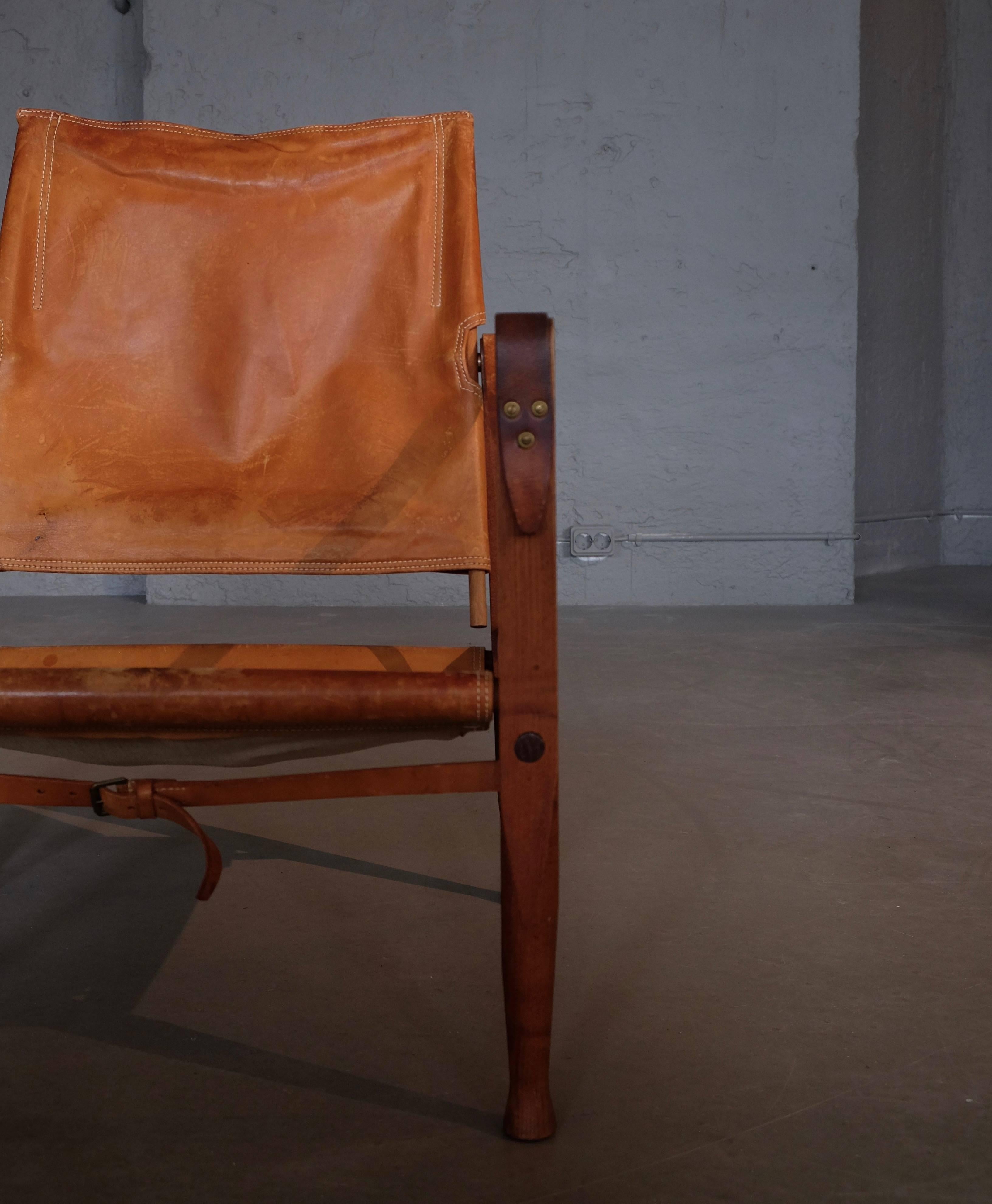 Danish Kaare Klint Cognac Brown Leather Safari Chair, 1960s