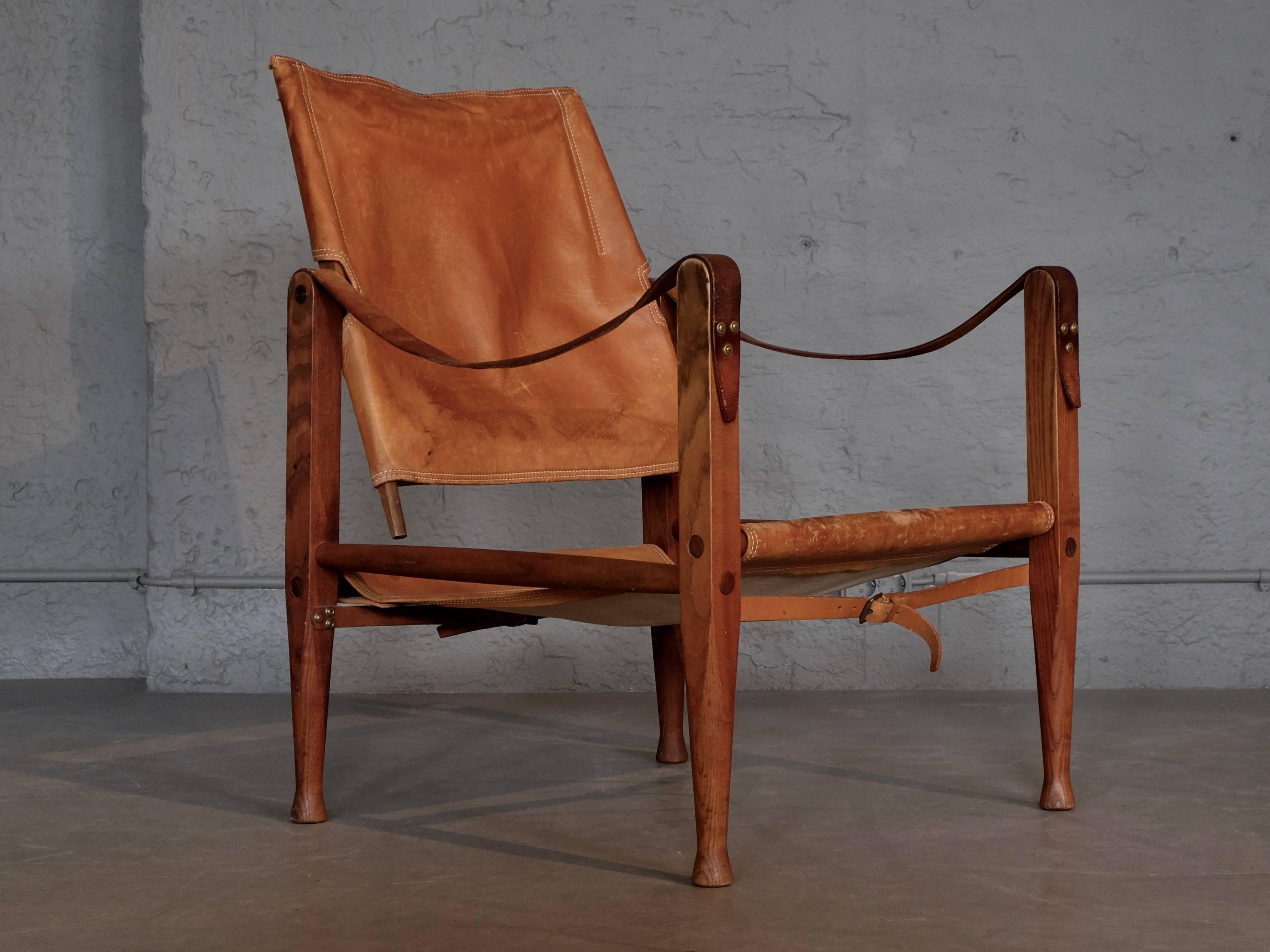 Kaare Klint Cognac Brown Leather Safari Chair, 1960s 2