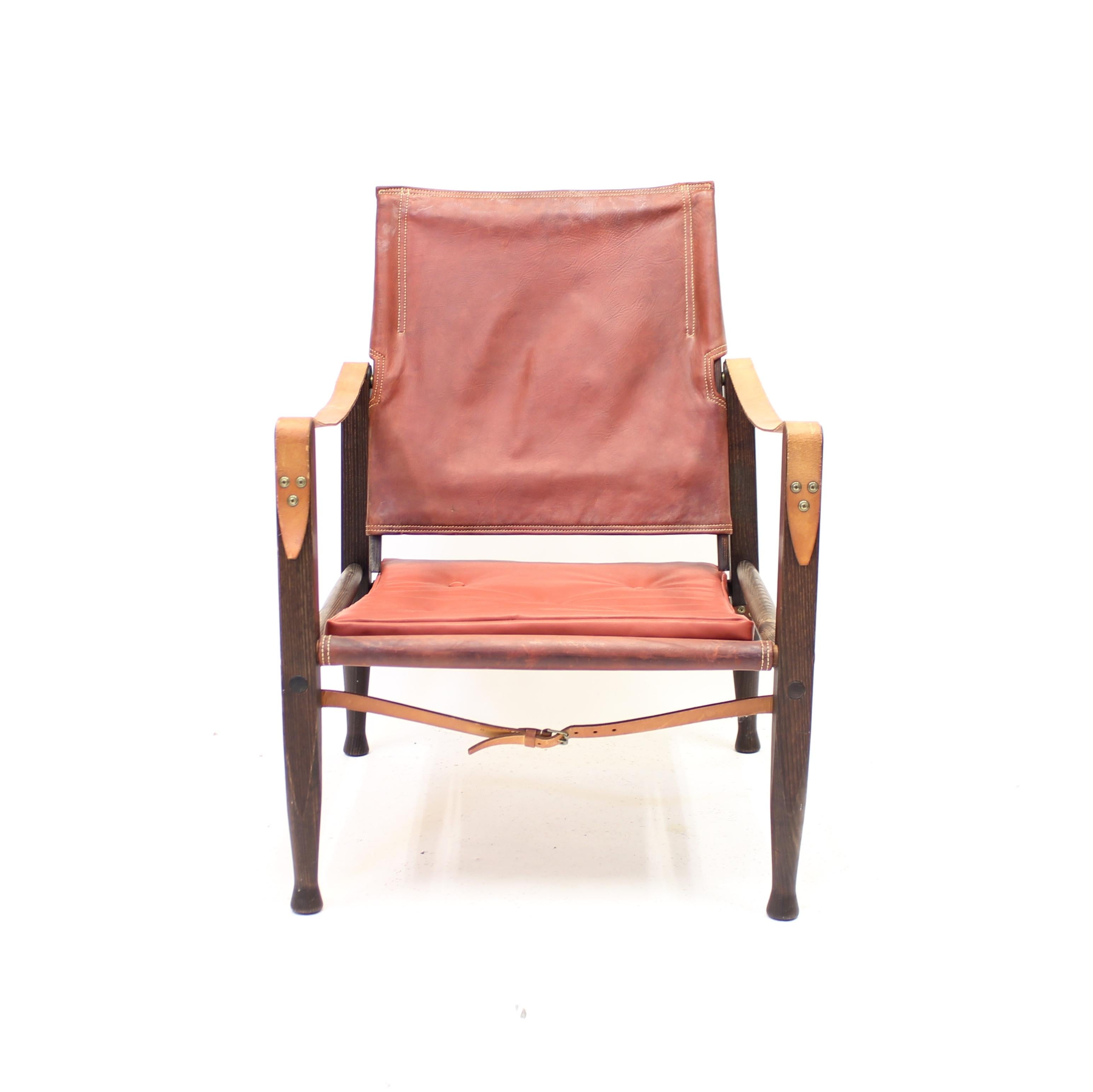 Cognacfarbener Leder-Safari-Stuhl von Kaare Klint für Rud Rasmussen, 1960er Jahre (20. Jahrhundert) im Angebot