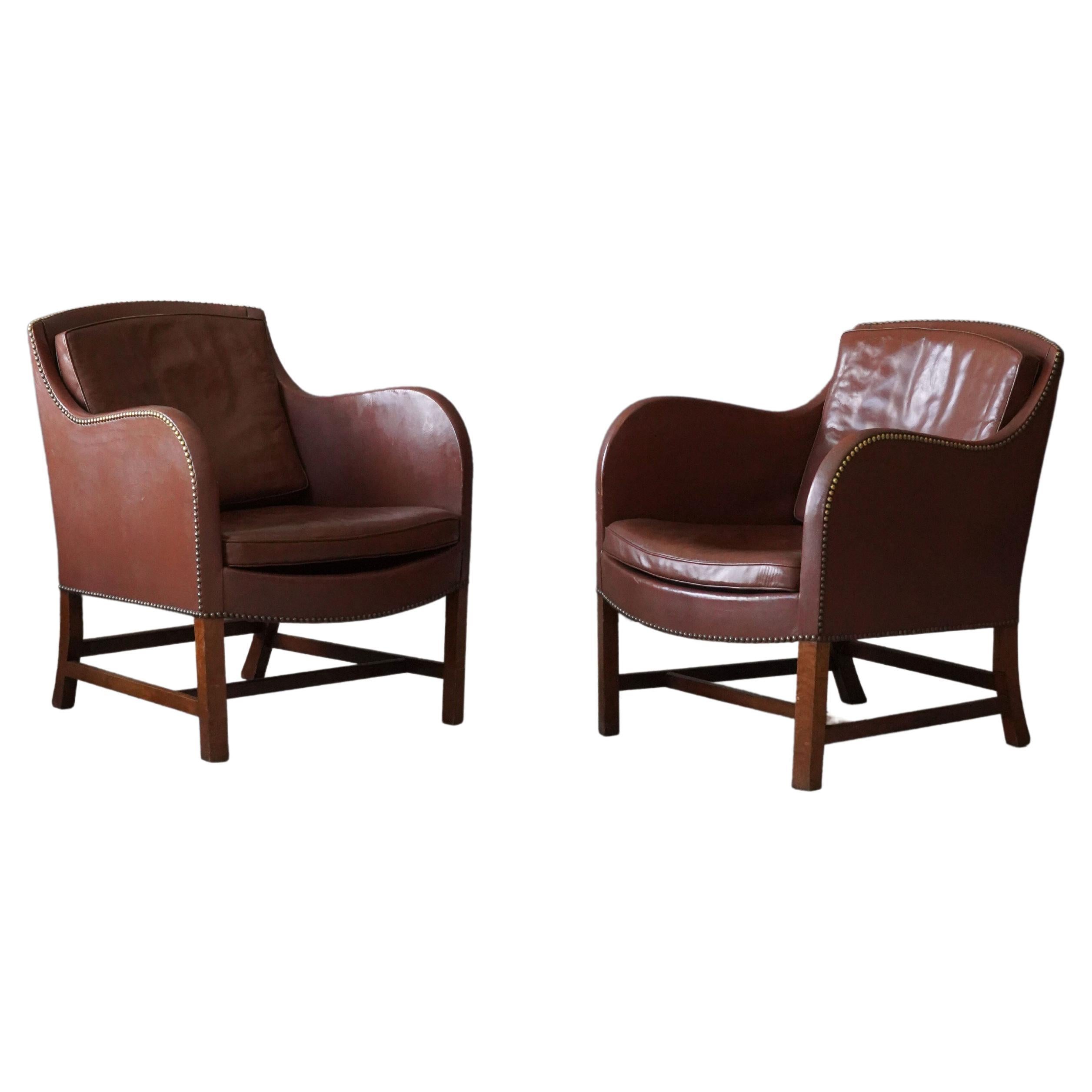 Kaare Klint, Early "Mix" Lounge Chairs, Mahogany, Brass, Leather, Denmark, 1927