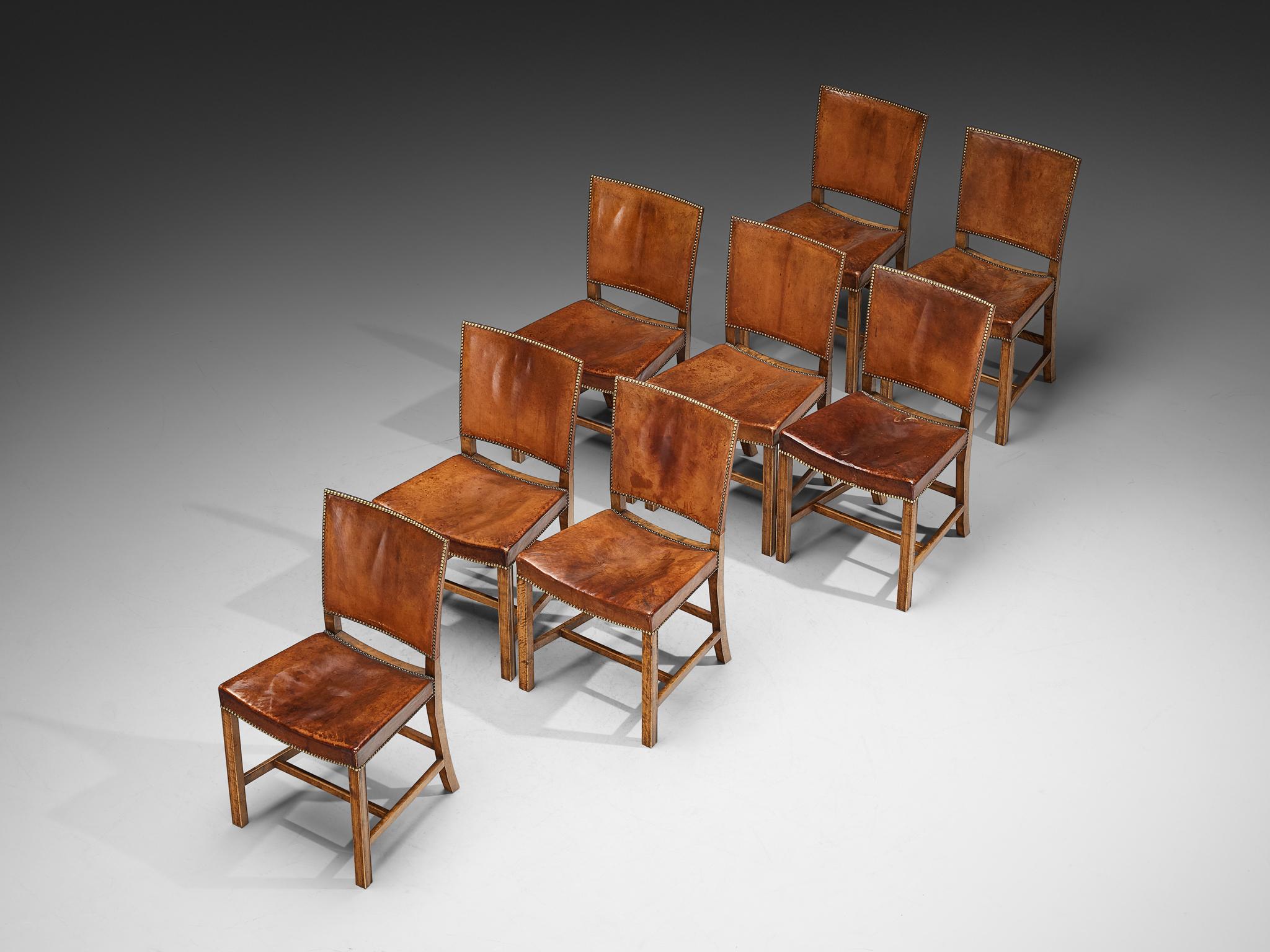 Ottone Kaare Klint per Rud Rasmussen Sedie da pranzo '3949' in Wood, ottone e pelle in vendita