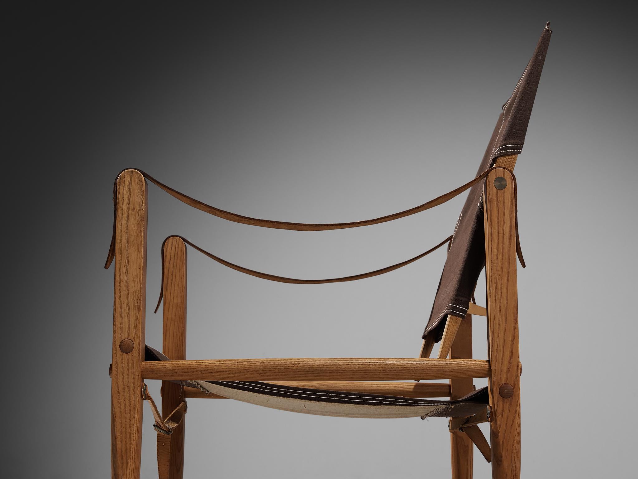 Scandinavian Modern Kaare Klint for Rud Rasmussen Safari Chair in Brown Canvas and Ash For Sale