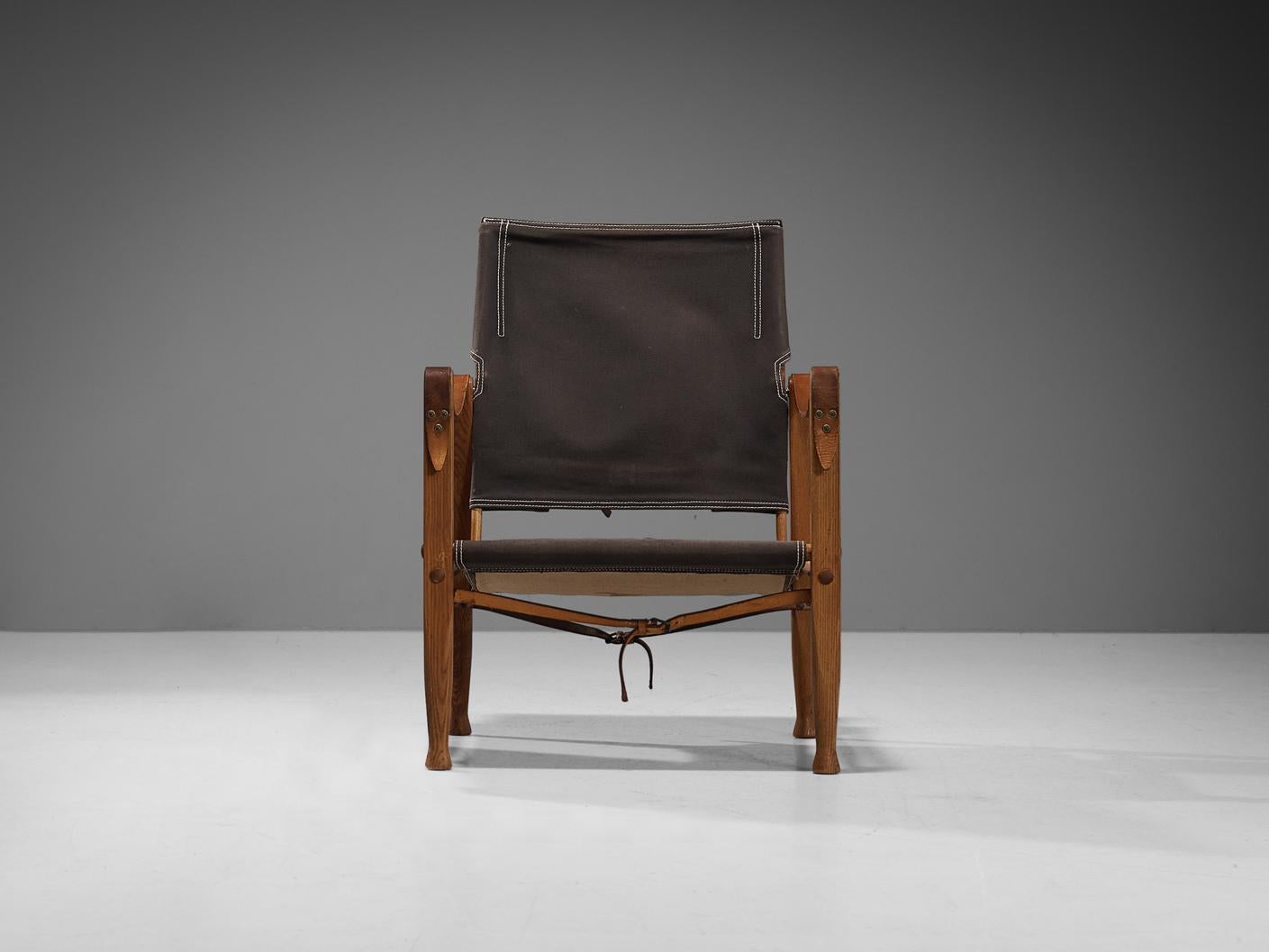 Mid-20th Century Kaare Klint for Rud Rasmussen Safari Chair in Brown Canvas and Ash For Sale