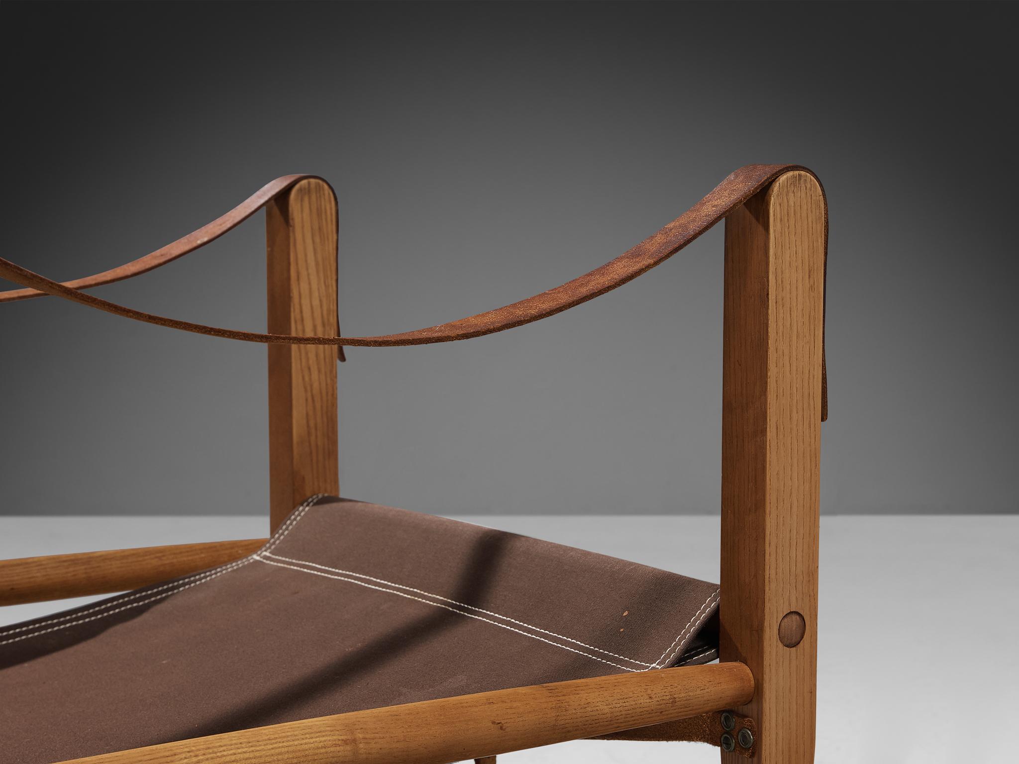 Metal Kaare Klint for Rud Rasmussen Safari Chair in Brown Canvas and Ash For Sale