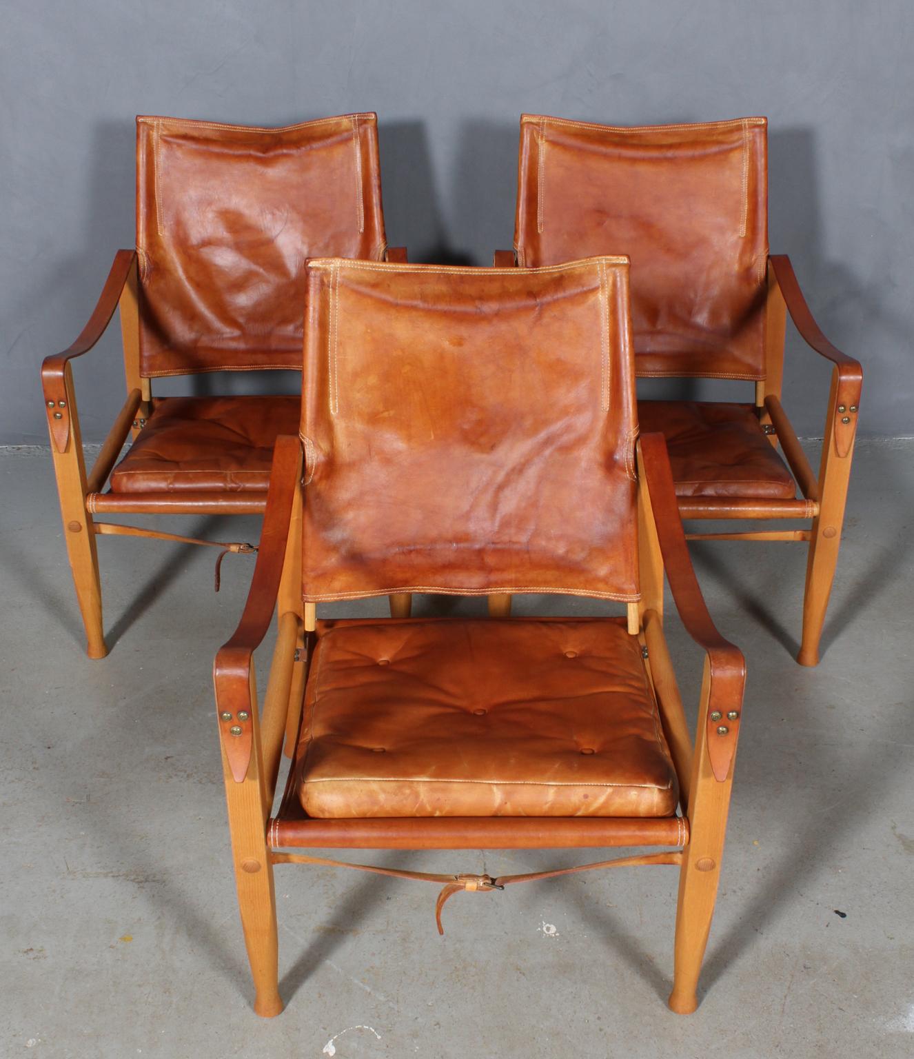 Kaare Klint for Rud Rasmussen. Safari chairs original patinated aniline leather. Straps maintained in the original patinated leather.

Frame in solid ash.

Model Safari chair, made by Rud Rasmussen.

One left