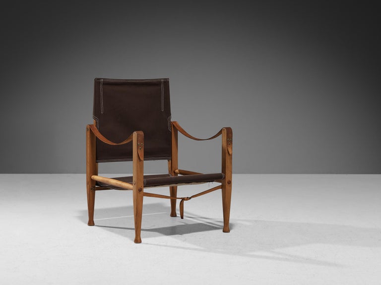 Leather Kaare Klint for Rud Rasmussen Safari Chairs in Brown Canvas and Ash For Sale