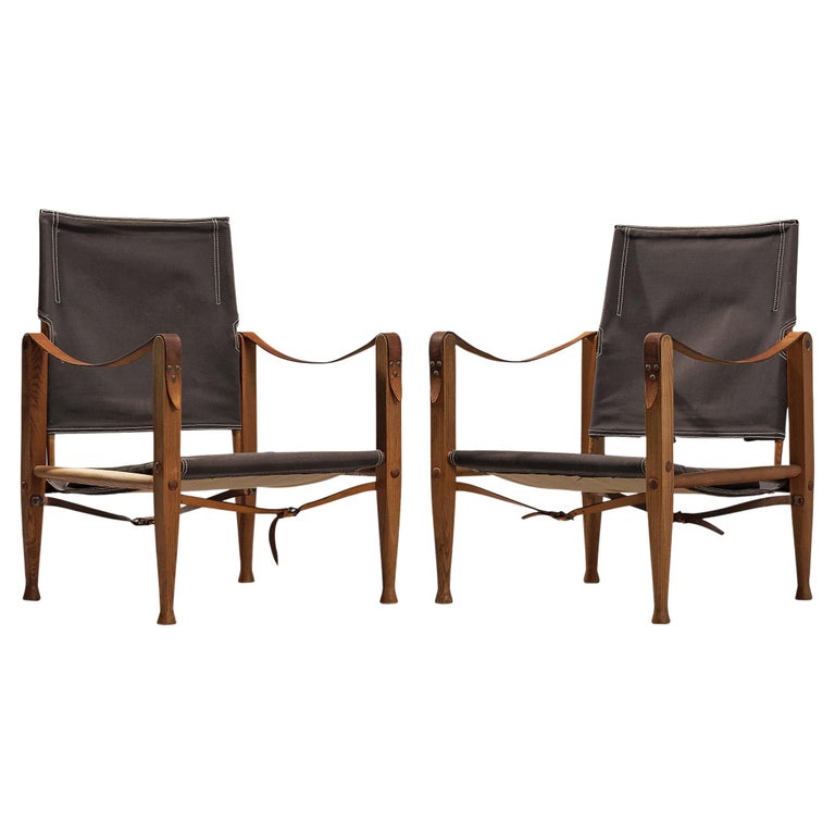 Kaare Klint for Rud Rasmussen Safari Chairs in Brown Canvas and Ash For Sale