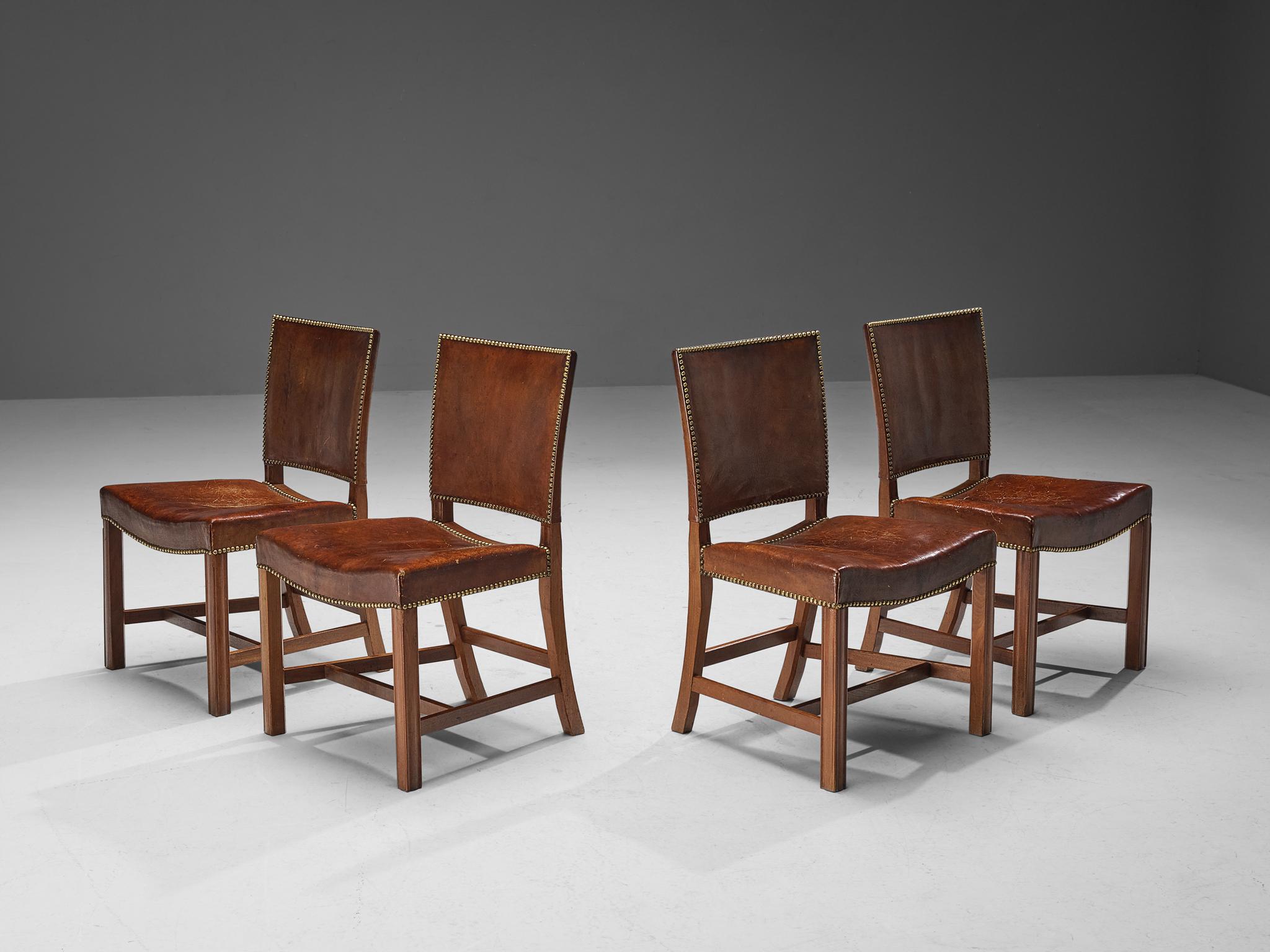 Kaare Klint for Rud Rasmussen, set of four dining chairs, 'The Red Chair', model 3758, original Niger leather, mahogany, brass, Denmark, designed 1927, manufactured 1930s

These dining chairs in brown leather upholstery are designed in 1927 and