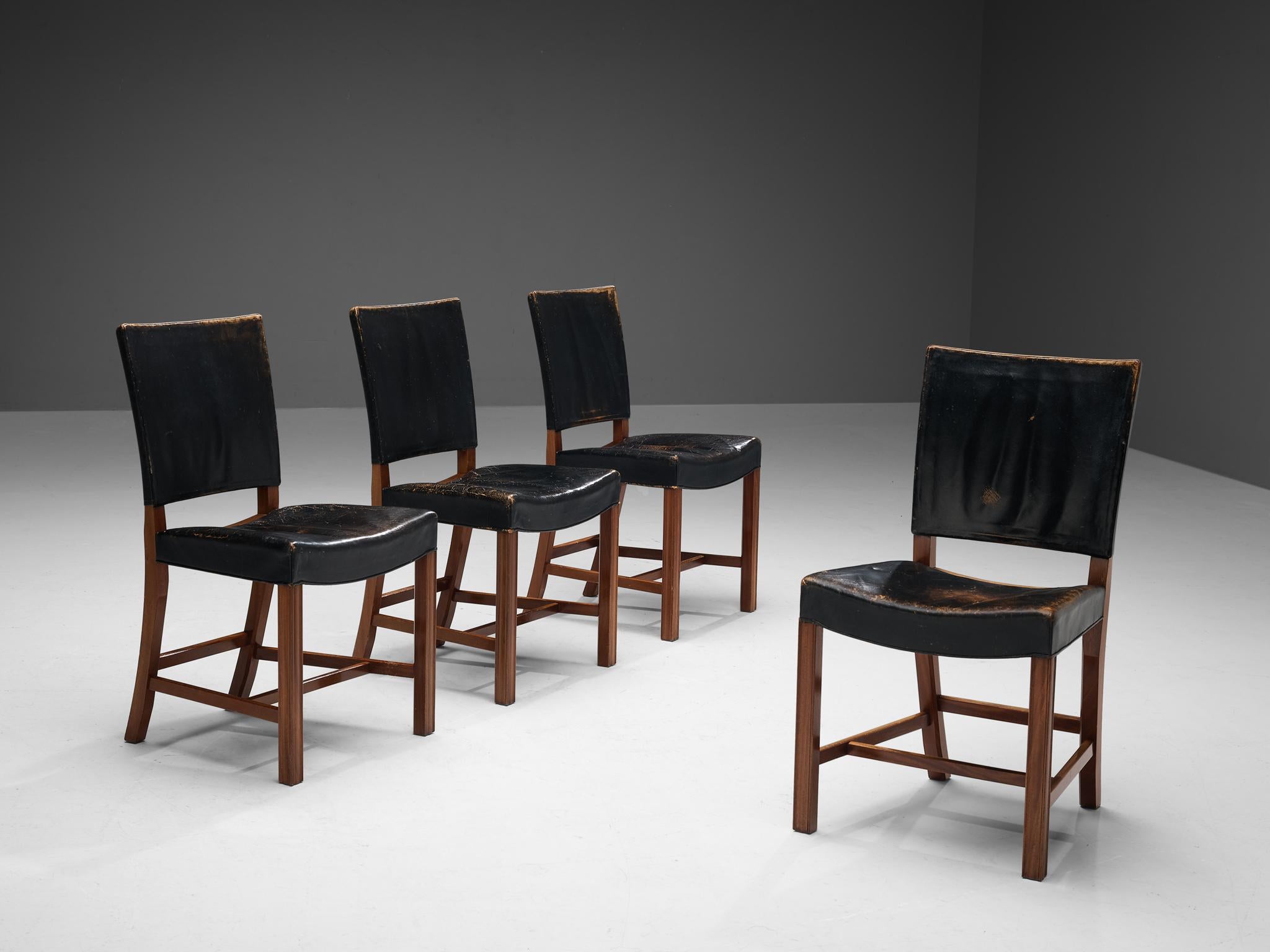 Début du 20ème siècle Kaare Klint for Rud Rasmussen Set of Four 'Red Chairs' in Original Black Leather en vente
