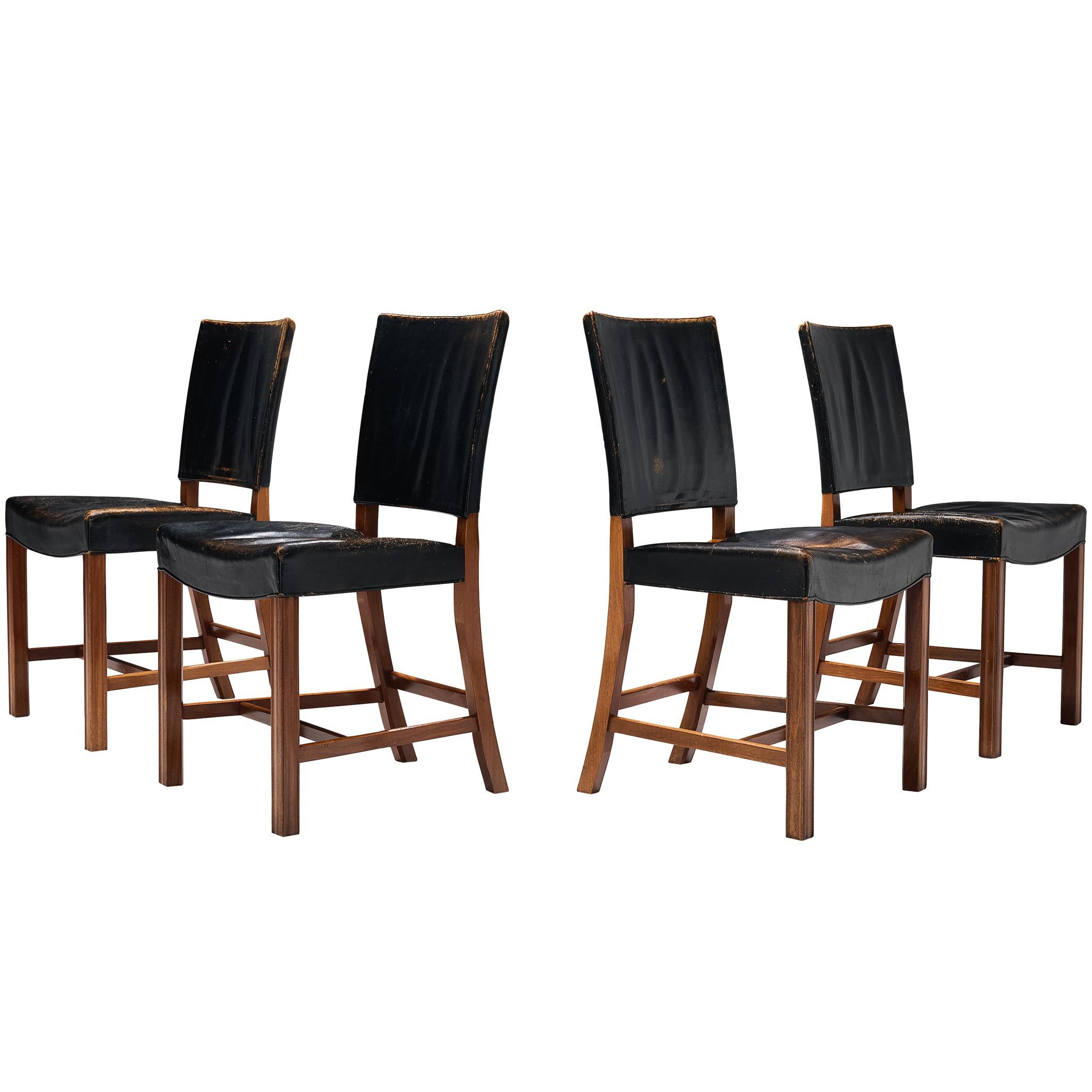 Kaare Klint for Rud Rasmussen Set of Four 
Red Chairs
 in Original Black Leather en vente