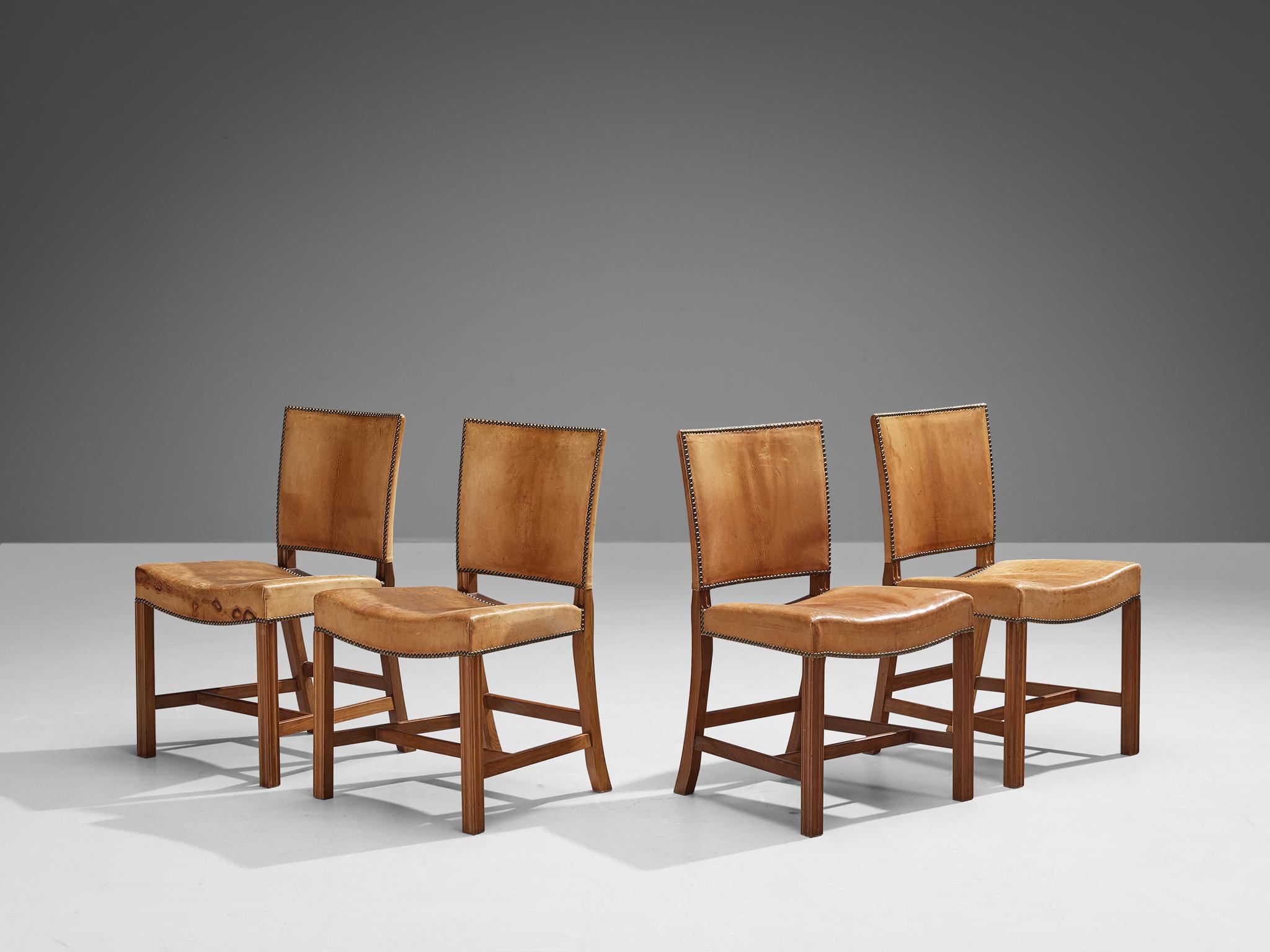 Kaare Klint for Rud Rasmussen, set of four dining chairs, 'The Red Chair', model 4751, original patinated leather, Cuban mahogany, Denmark, designed 1933, manufactured 1930s.

Set of four iconic dining chairs are designed by furniture master Kaare