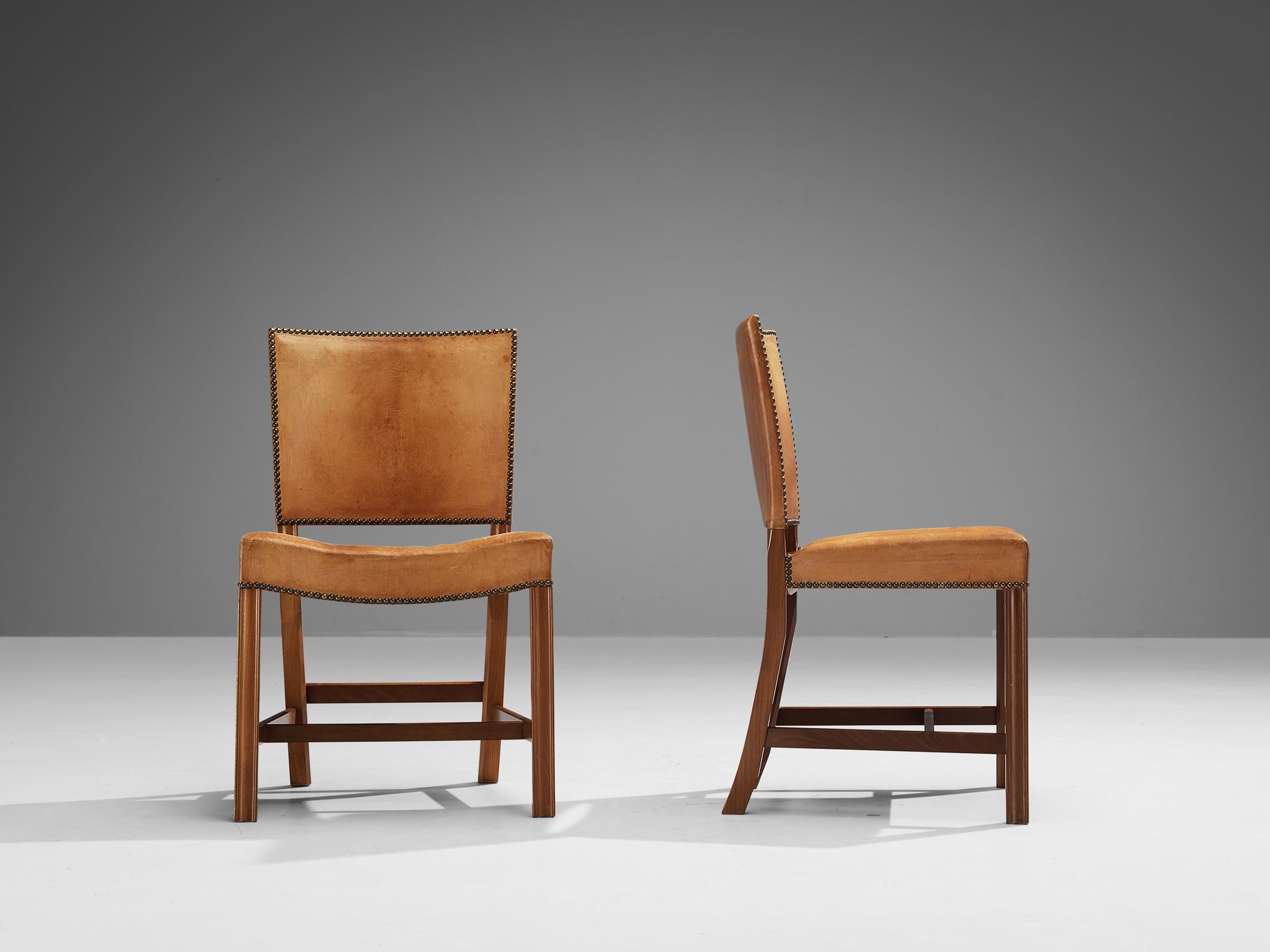 Scandinave moderne Ensemble de quatre chaises rouges Kaare Klint pour Rud Rasmussen en cuir d'origine  en vente