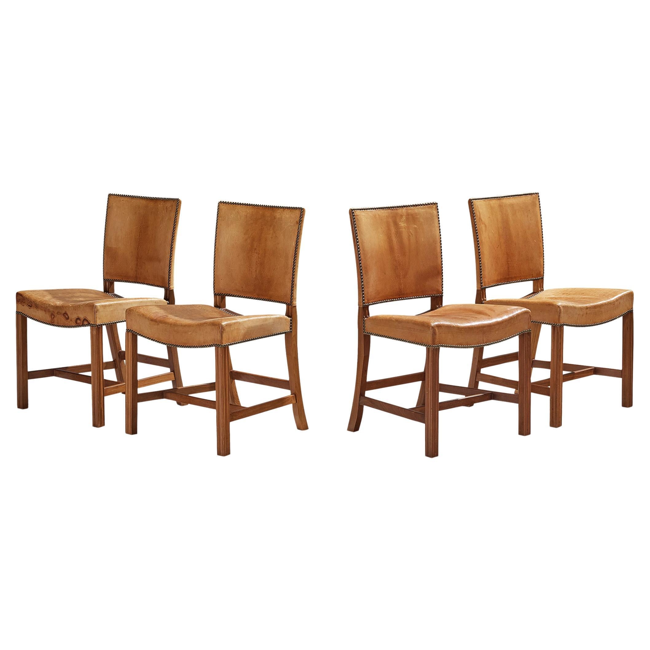 Set aus vier roten Stühlen „Red Chairs“ von Kaare Klint für Rud Rasmussen aus Originalleder  im Angebot