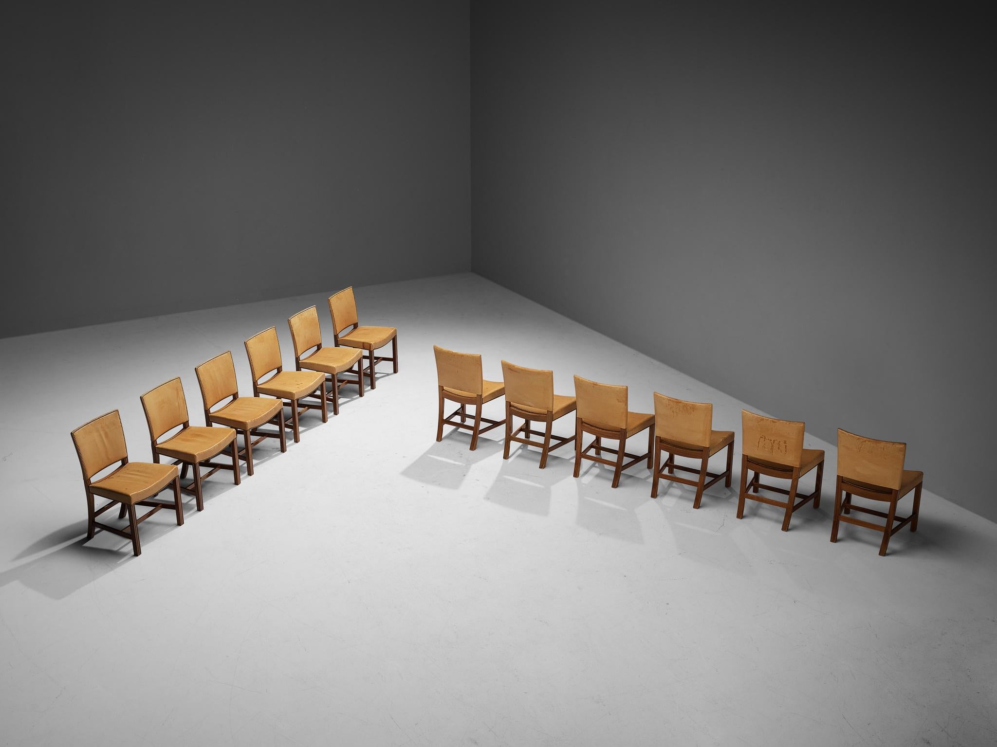 Brass Kaare Klint for Rud Rasmussen Set of Twelve 'Red Chairs' in Leather