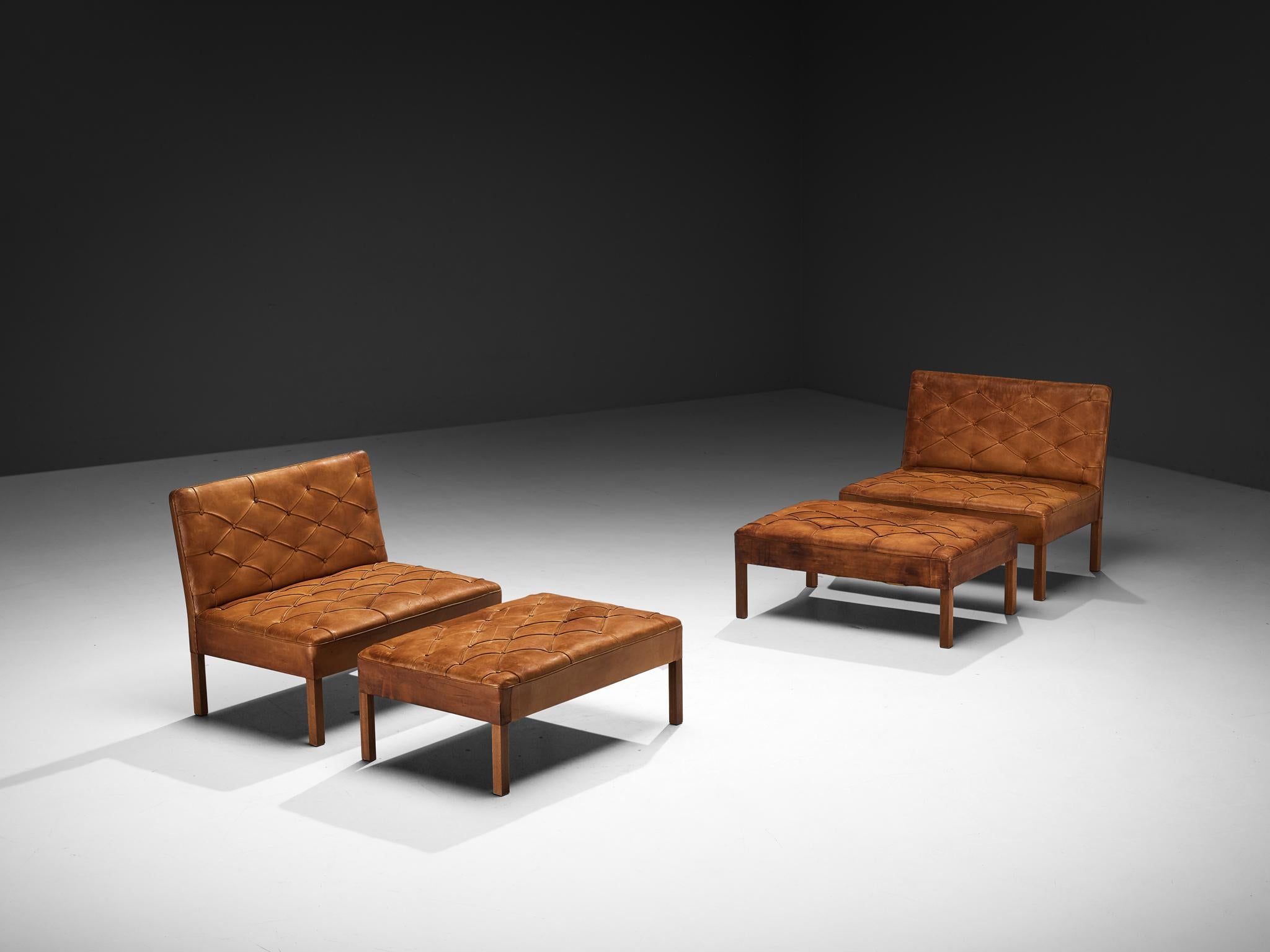 Kaare Klint für Rud Rasmussen Sofas mit Ottomane in Mahagoni Cognac Leder im Angebot