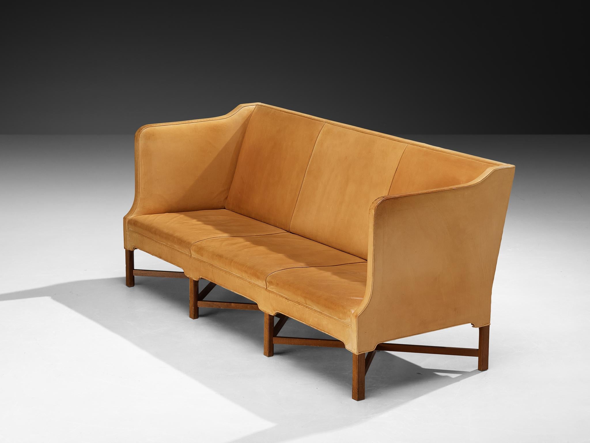 Kaare Klint for Rud. Rasmussens Snedkerier, sofa, model ‘4118’, leather, mahogany, Denmark, design 1930, production 1970s

Kaare Klint originally designed the present three-seat sofa, known as 4118, for the office of the Prime Minister Throvald