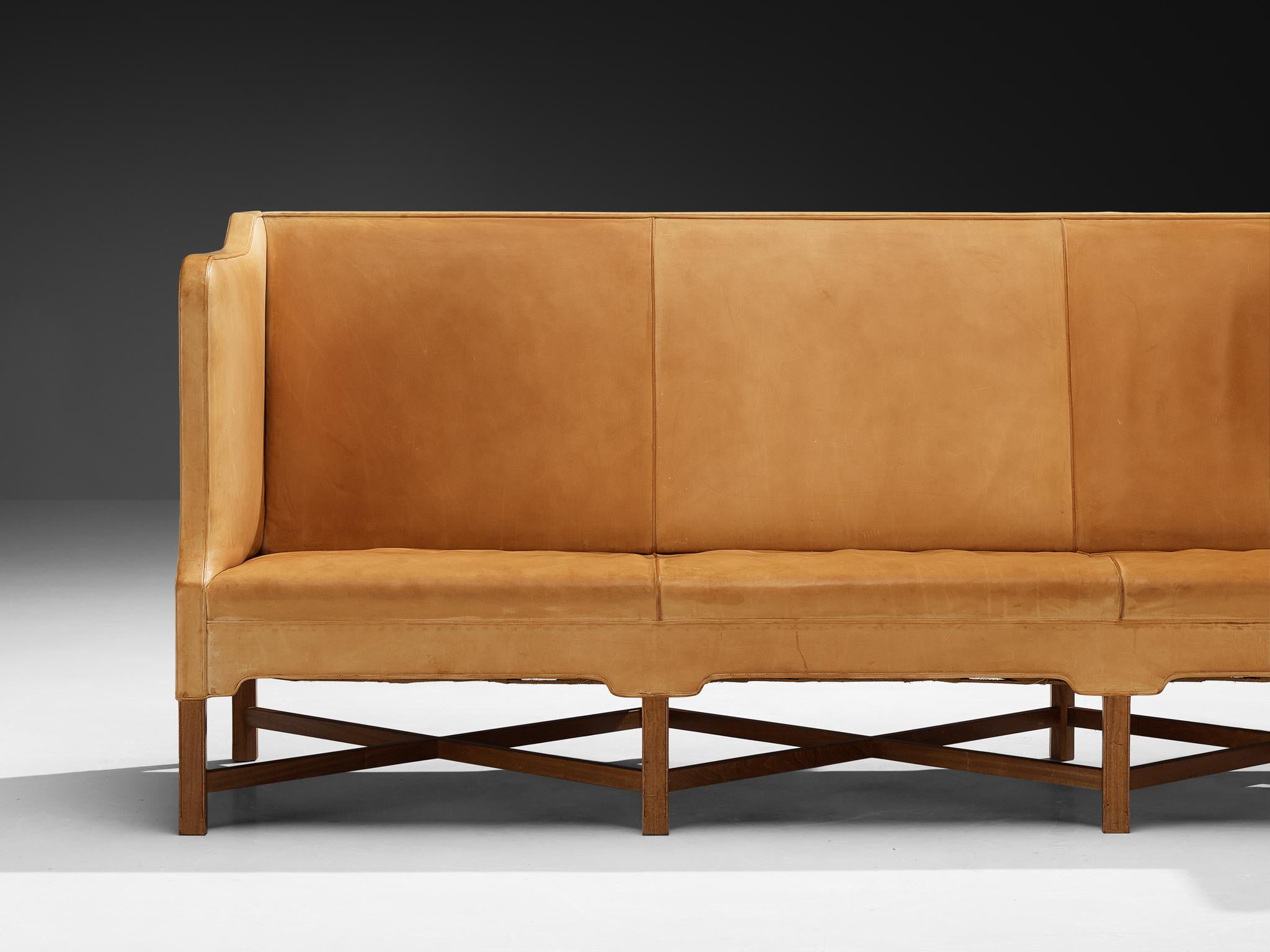 Scandinavian Modern Kaare Klint for Rud Rasmussen Sofa in Camel Leather and Mahogany For Sale