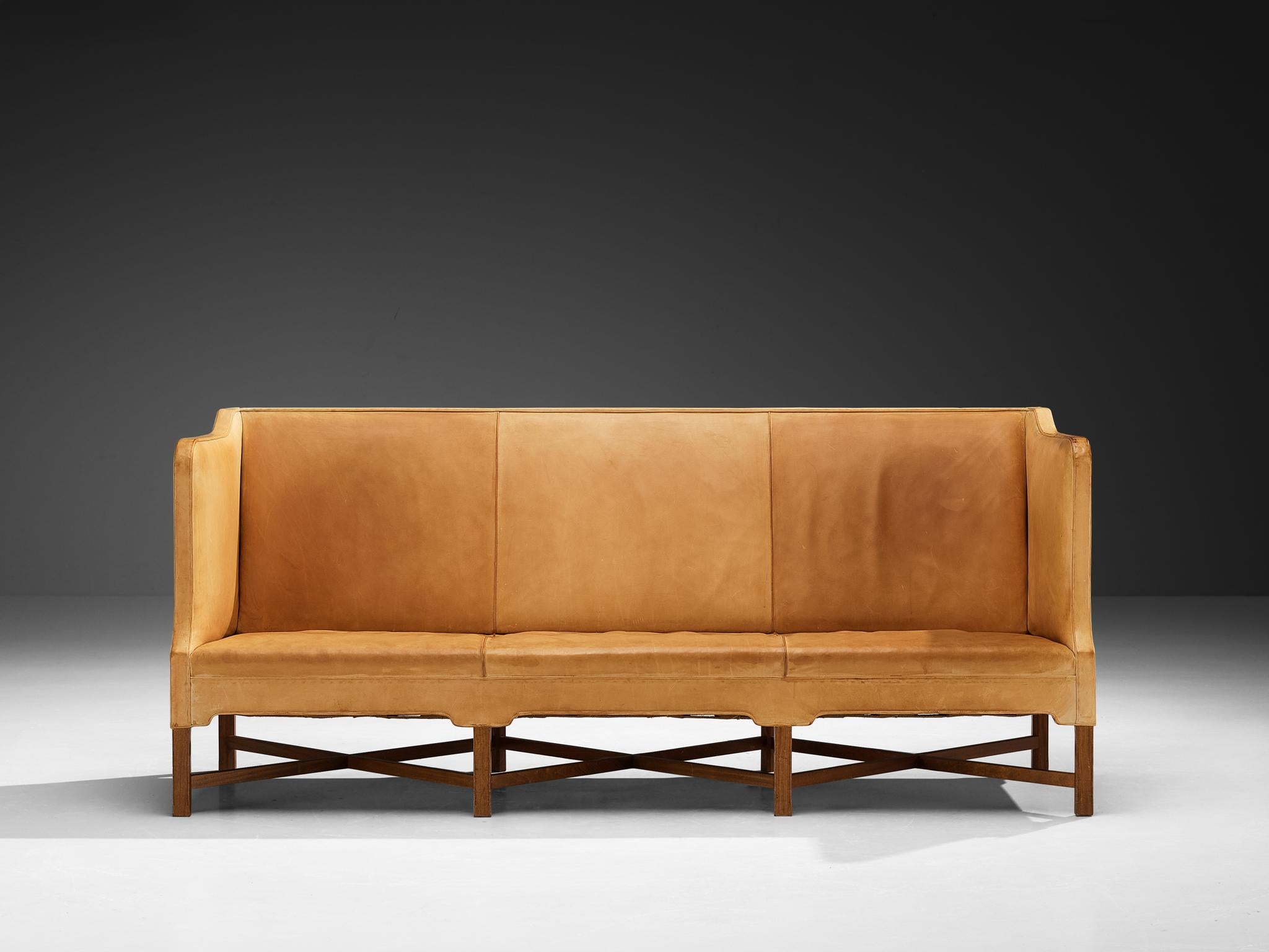 Danish Kaare Klint for Rud Rasmussen Sofa in Camel Leather and Mahogany For Sale