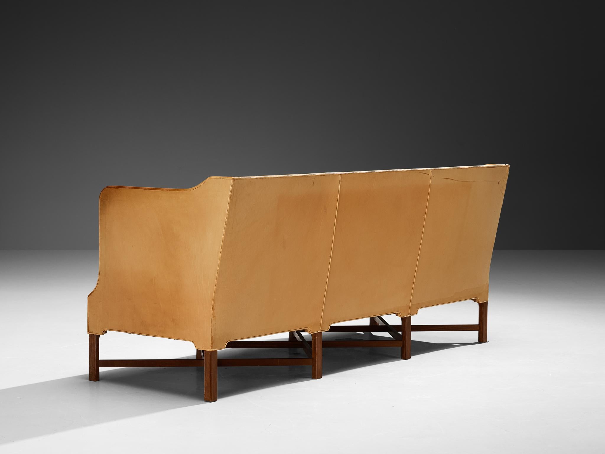 Mid-20th Century Kaare Klint for Rud Rasmussen Sofa in Camel Leather and Mahogany For Sale