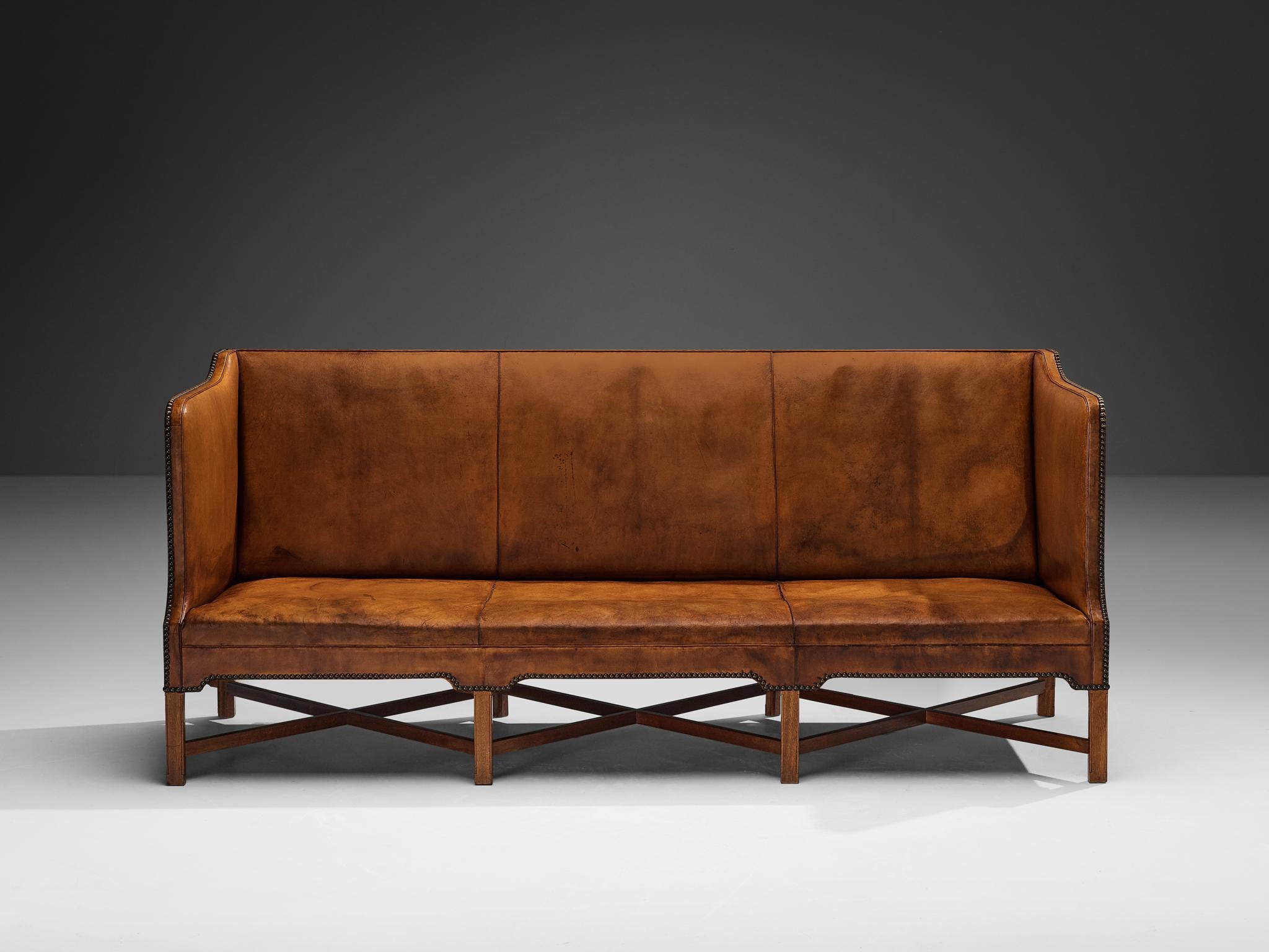 Kaare Klint for Rud Rasmussen Sofa in Original Niger Leather and Mahogany  In Good Condition For Sale In Waalwijk, NL