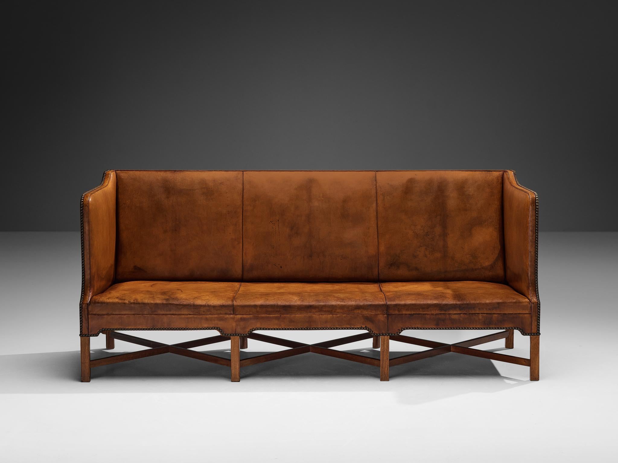 Kaare Klint for Rud Rasmussen Sofa in Original Niger Leather and Mahogany In Good Condition In Waalwijk, NL