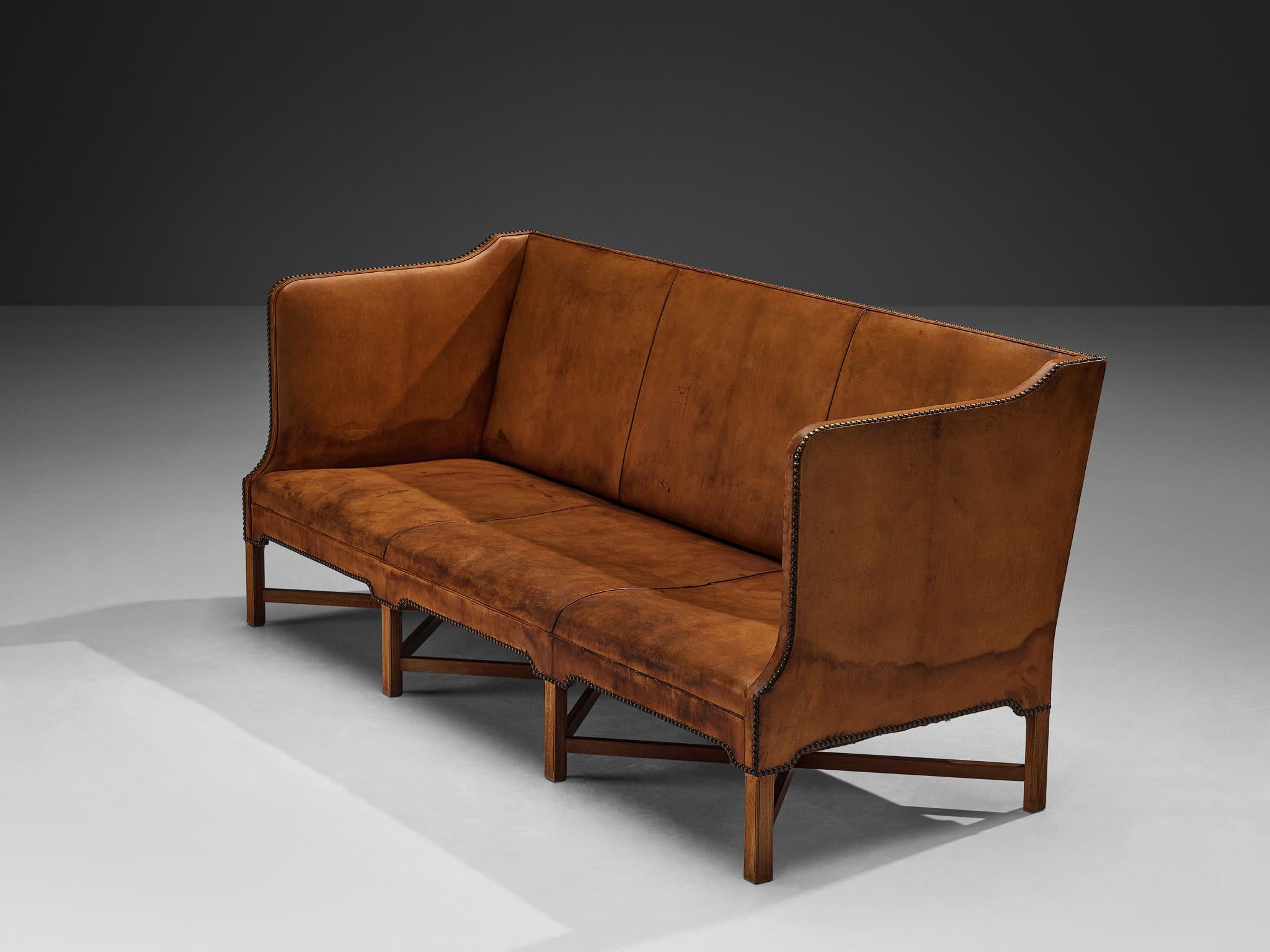 Mid-20th Century Kaare Klint for Rud Rasmussen Sofa in Original Niger Leather and Mahogany  For Sale
