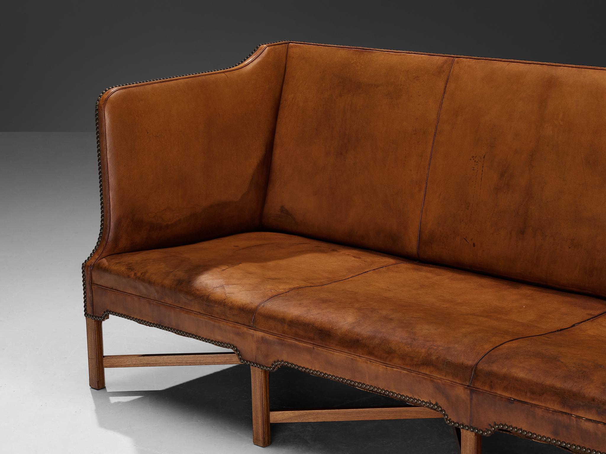 Brass Kaare Klint for Rud Rasmussen Sofa in Original Niger Leather and Mahogany  For Sale