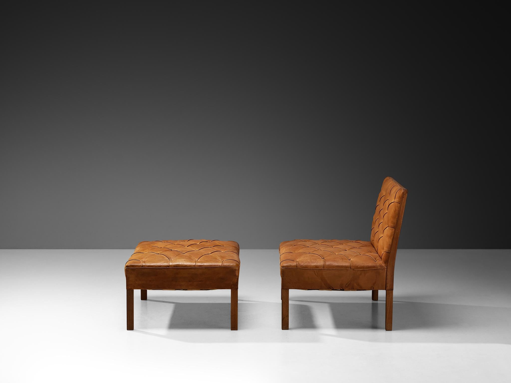Late 20th Century Kaare Klint for Rud Rasmussen Sofa with Ottoman in Cognac Leather