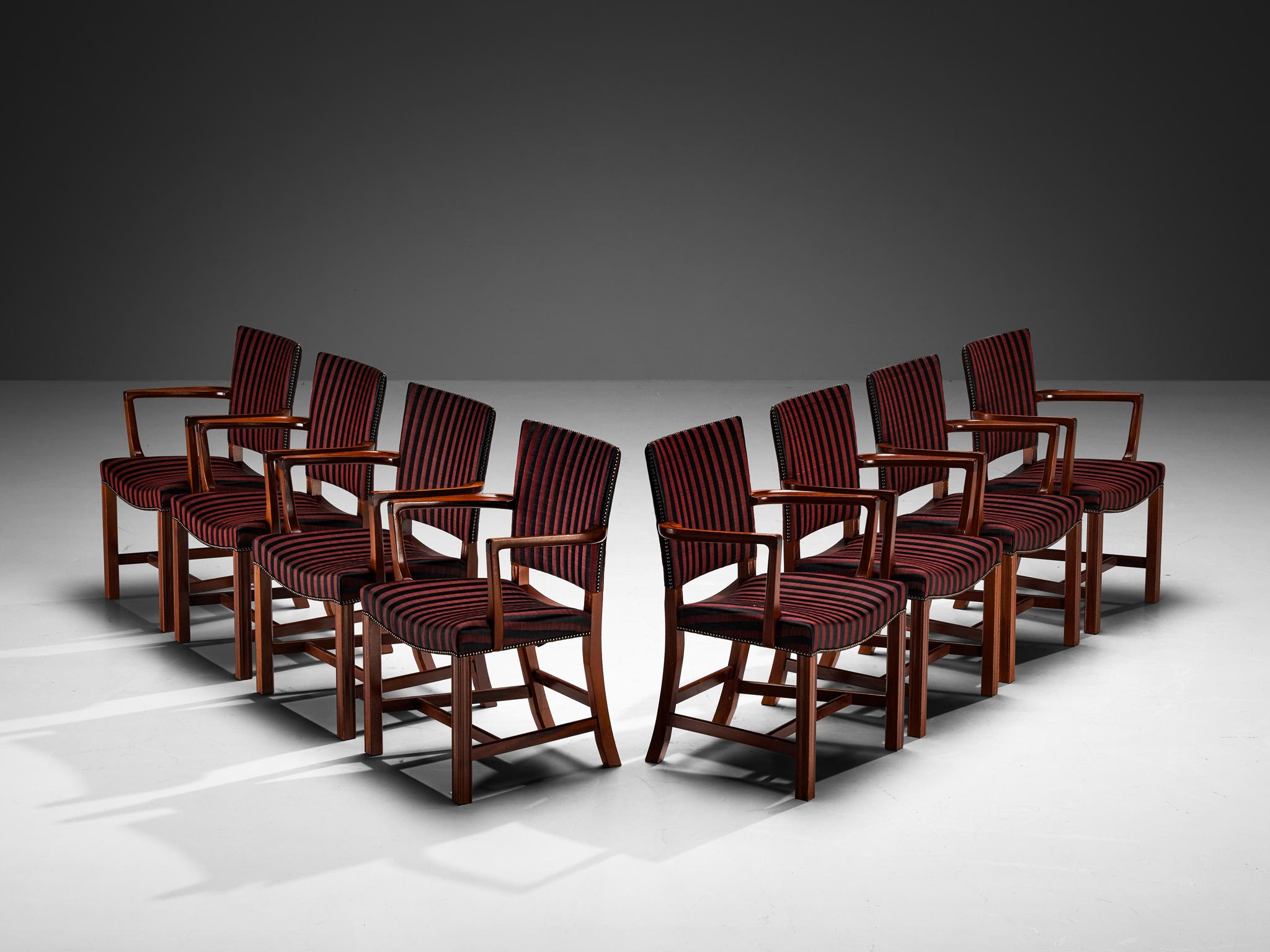 Kaare Klint for Rud. Rasmussens Snedkerier, set of eight dining armchairs, model '3758A' , horsehair, mahogany, brass, Denmark, design 1927, made 1950s 

These dining chairs were designed in 1927 and made in the 1950s. The seat and backrest are